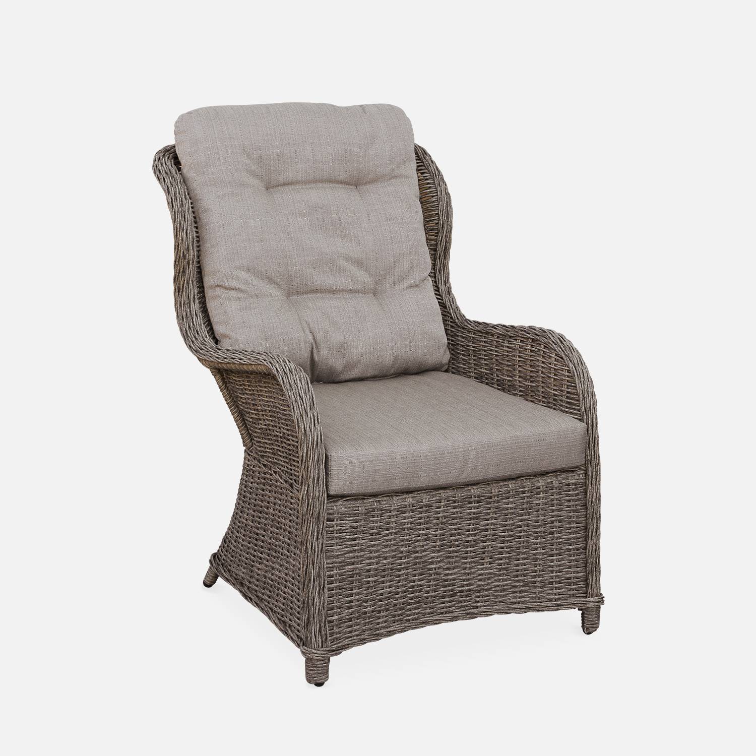 Set mit 2 Relax-Sesseln aus abgerundetem Polyrattan mit Fußstütze und Couchtisch - Barletta Grau - Rattan-Look, beigefarbene Kissen, Aluminiumgestell Photo4
