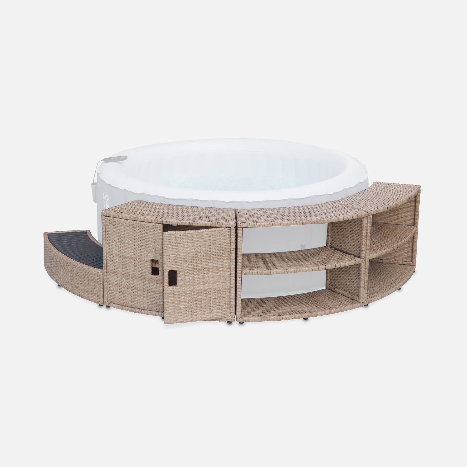 Armazón de spa, contorno de resina tejida natural para spa redondo con mueble, estantes y peldaños  Photo2
