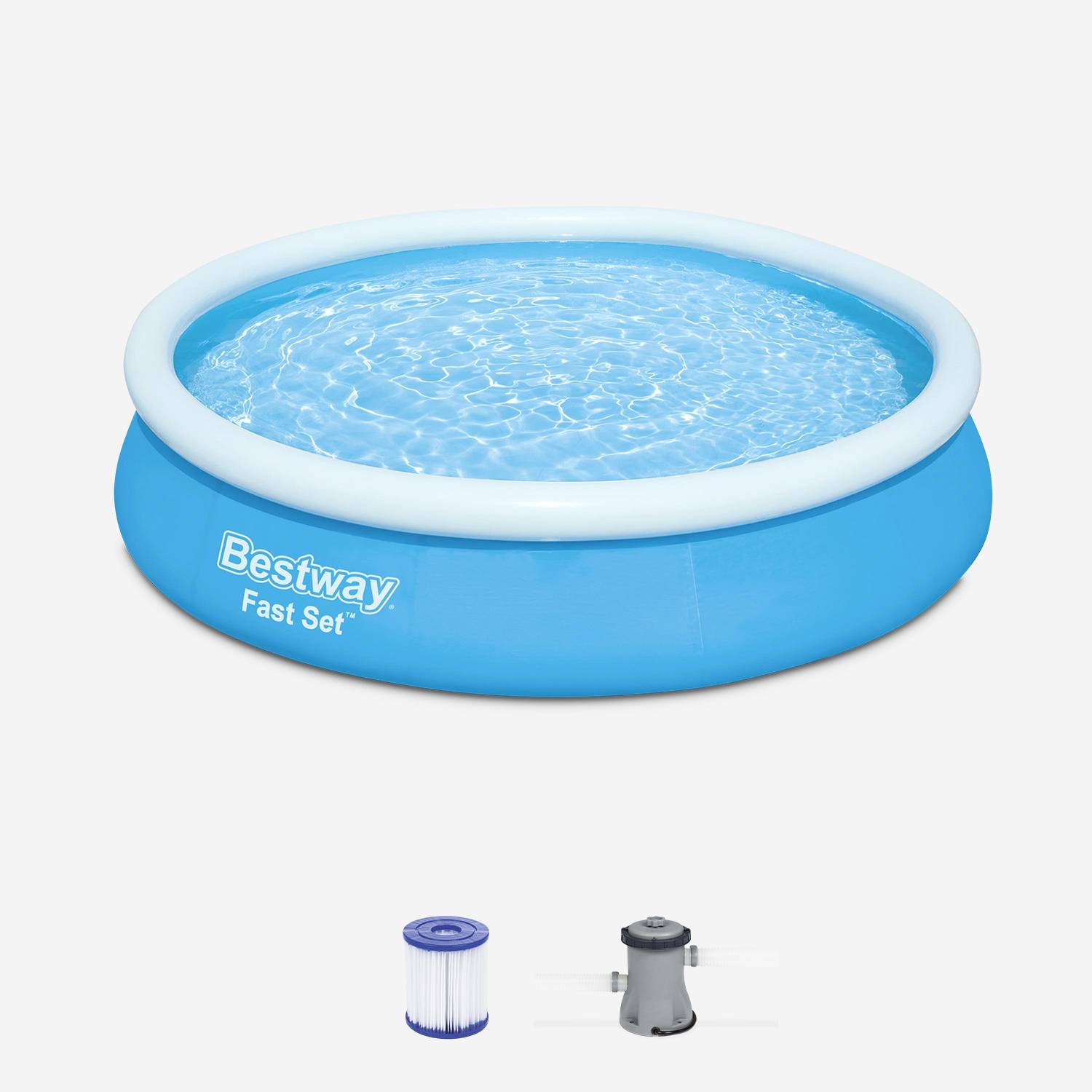 BESTWAY piscina insuflável azul independente - Jade ⌀ 360 x 76 cm - piscina redonda independente acima do solo com filtro de cartucho e 2 cartuchos incluídos Photo1