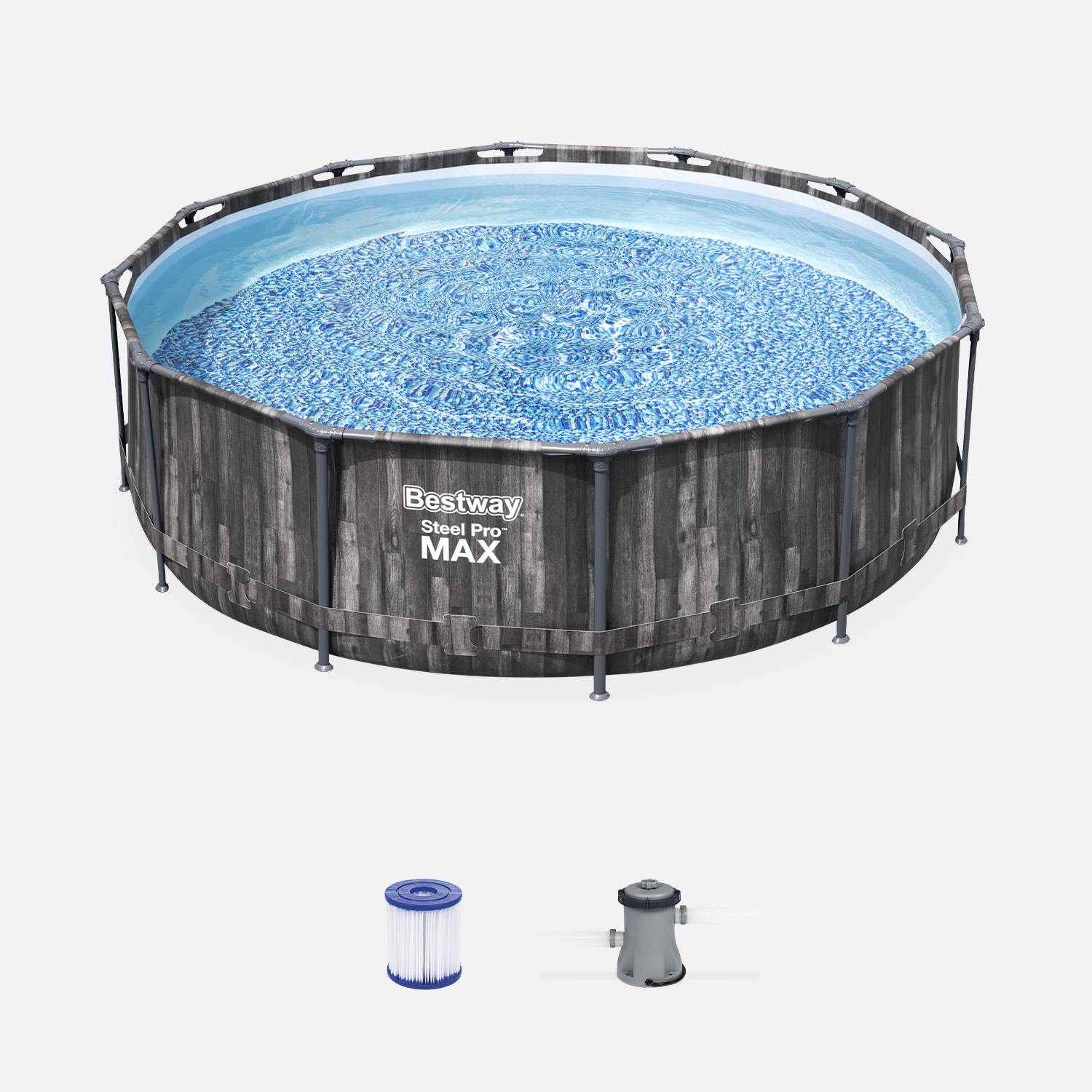 Piscine tubulaire BESTWAY - Opalite grise - aspect bois, piscine ronde Ø3,6m avec pompe de filtration, piscine hors sol, armature acier Photo1