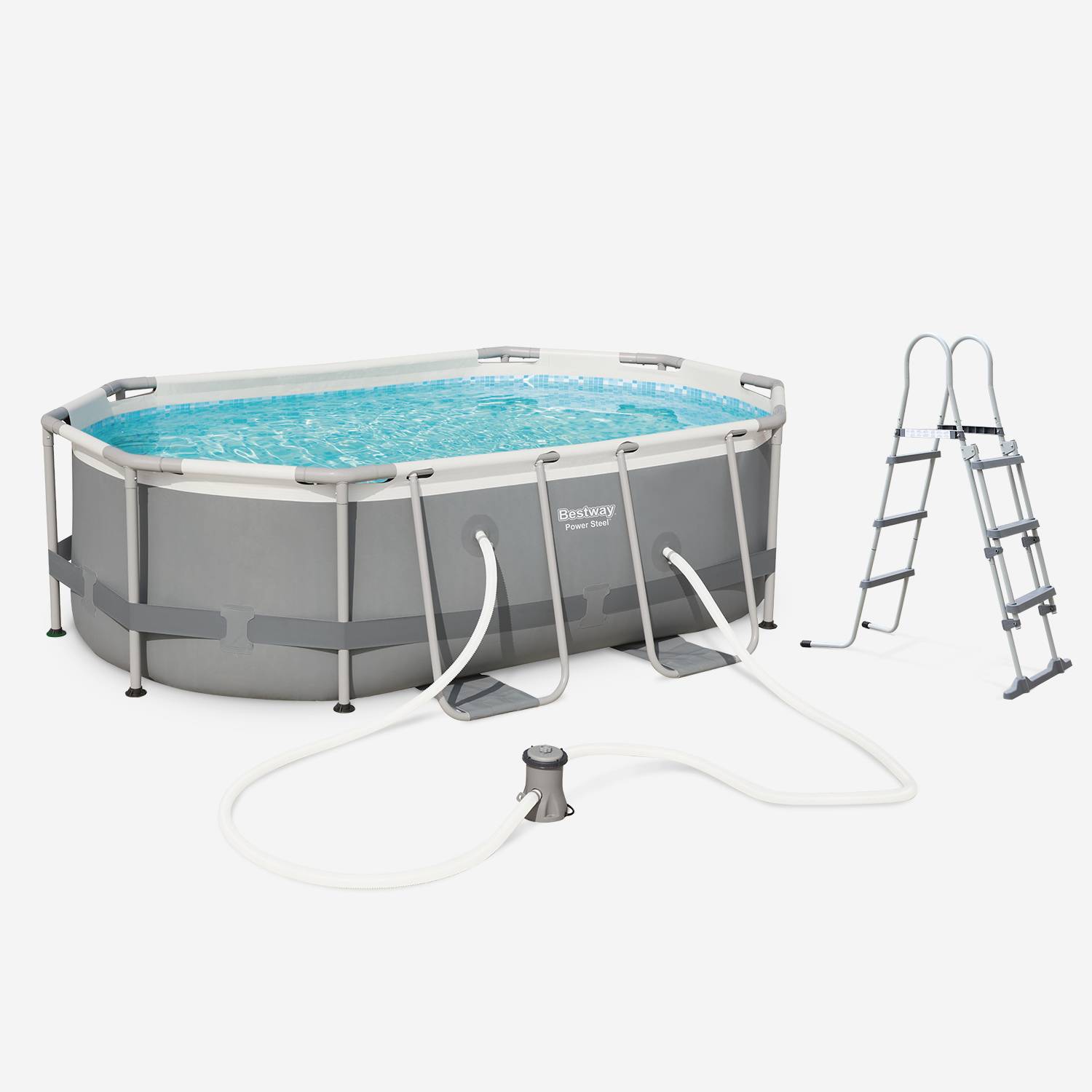 Piscine ovale tubulaire 3 x 2 m BESTWAY – Quartz grise –avec pompe de filtration et échelle grise 3 marches piscine hors sol armature acier Photo1