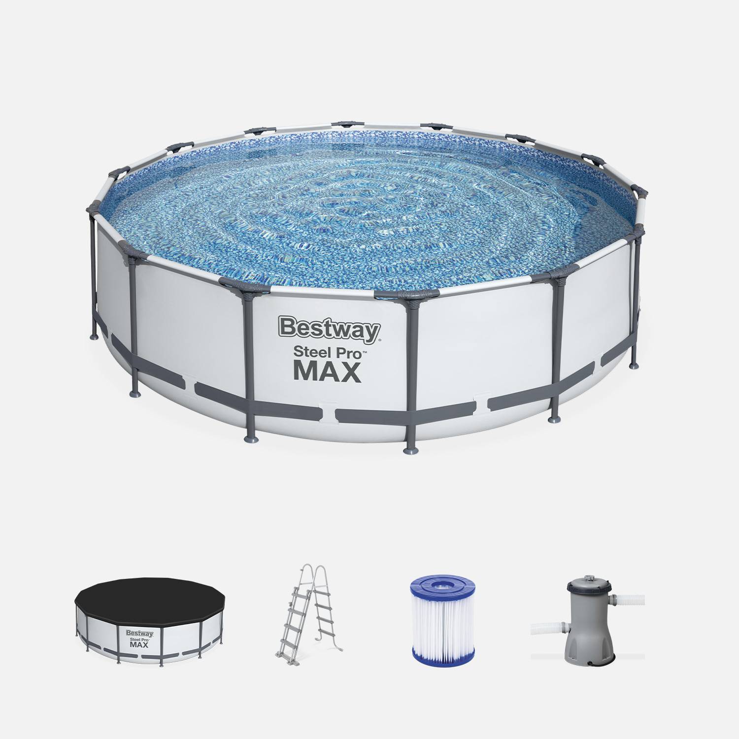 Piscina tubular BESTWAY - Peridot 14,5m² cinza - piscina redonda Ø4,3m com bomba de filtração, escada e cobertura de protecção, piscina acima do solo, estrutura em aço  Photo1
