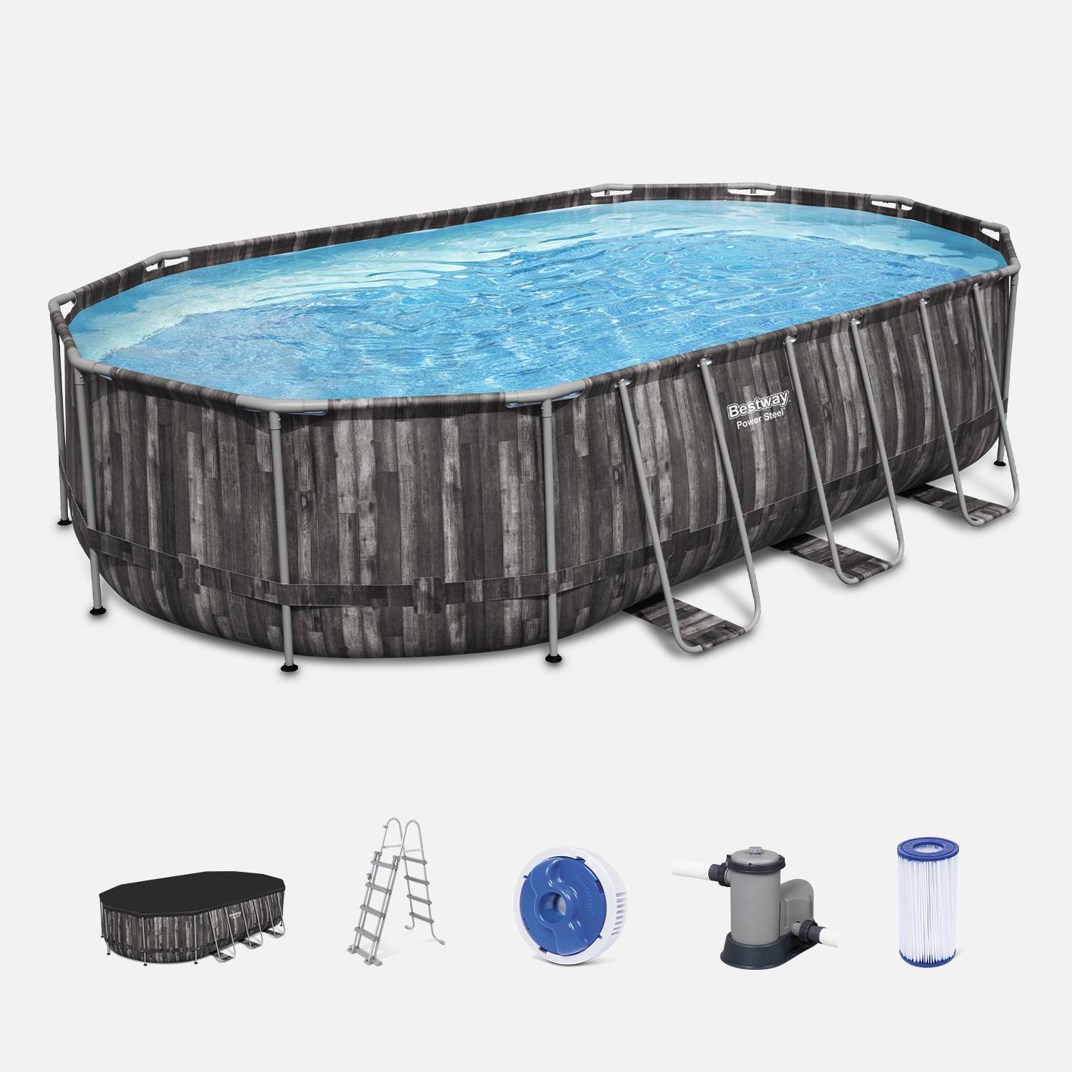 Kit piscine géante complet BESTWAY – Spinelle – piscine ovale tubulaire 6x3 m motif aspect bois, pompe de filtration, échelle, bâche de protection, diffuseur ChemConnect Photo1