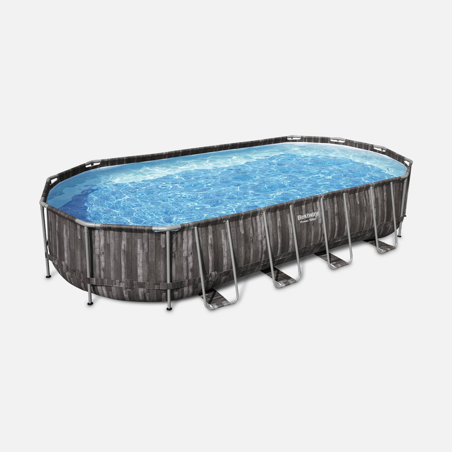 Kit piscine géante complet BESTWAY – Spinelle – piscine ovale tubulaire 7x3 m motif aspect bois, pompe de filtration, échelle, bâche de protection, diffuseur ChemConnect Photo2