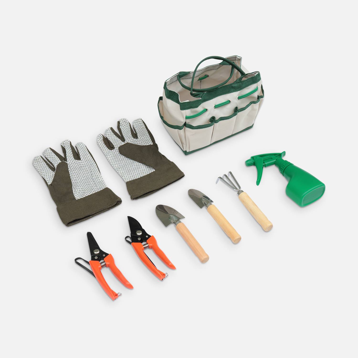 Sacoche set d’outils de jardinage avec gants, râteau, mini pelle, transplantoir, sécateur, cisaille et pulvérisateur, kit complet pour jardin Photo1