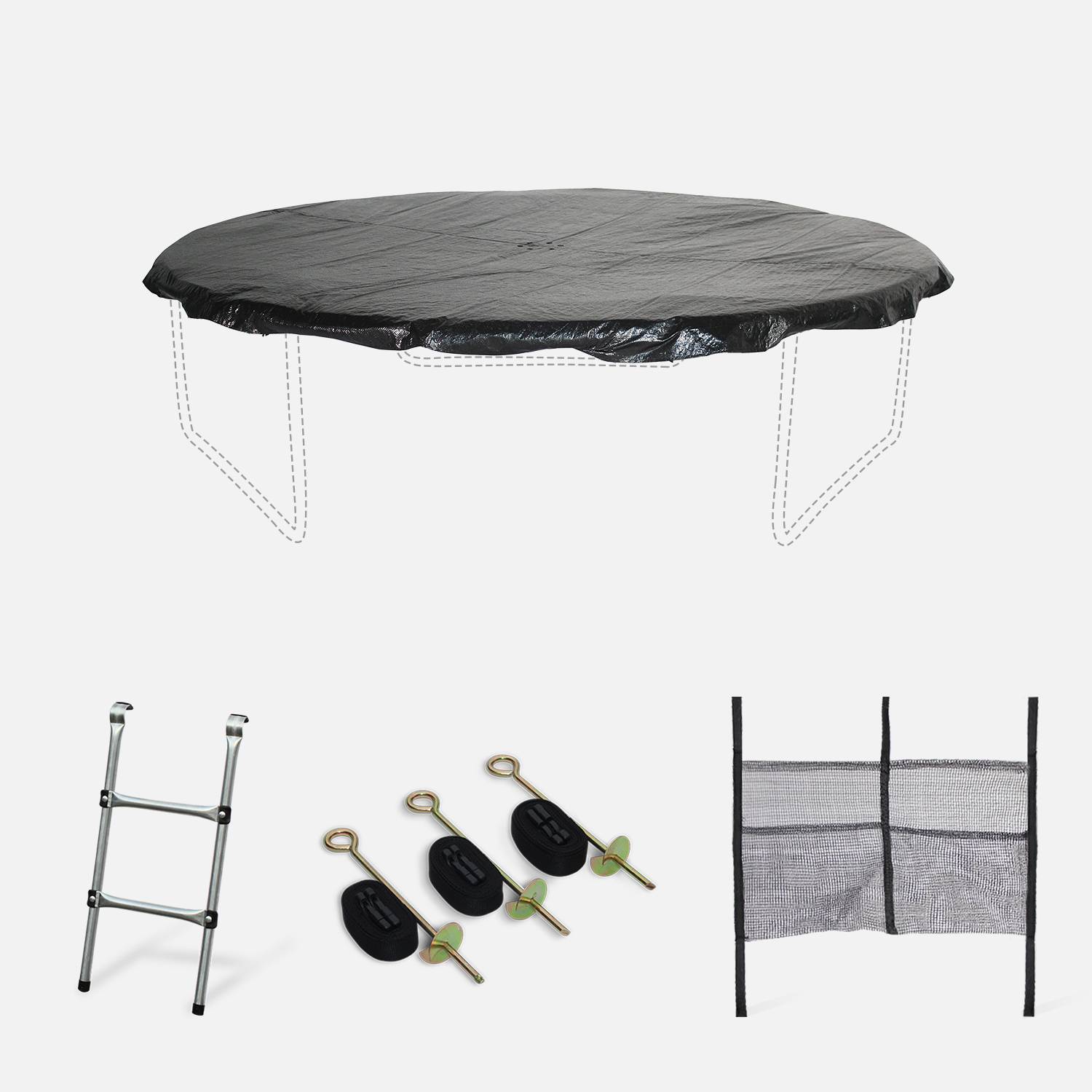 Pack accessoires pour trampoline Ø 250cm Pluton/Gémeaux/Pluton INNER - Échelle, bâche de protection, filet de rangement pour chaussures et kit d’ancrage Photo1