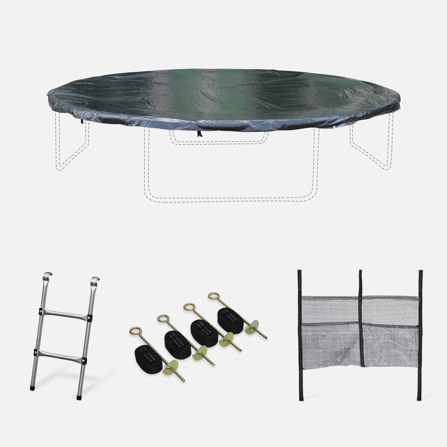 Pack accessoires pour trampoline Ø 370cm Saturne/Capricorne/ Saturne INNER - Échelle, bâche de protection, filet de rangement pour chaussures et kit d’ancrage Photo1