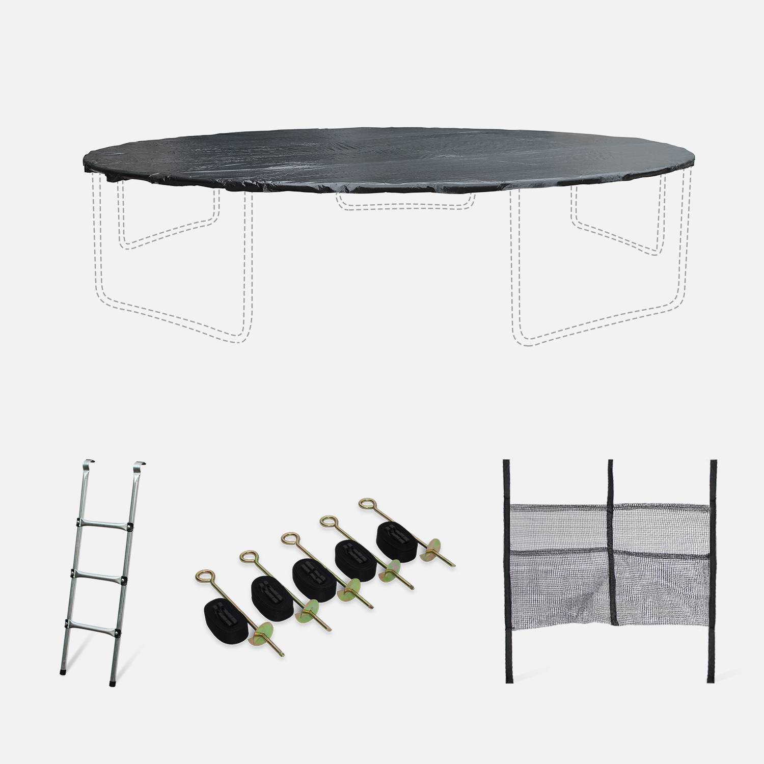 Pakket met accessoires voor trampoline Ø460cm Neptune met een ladder, een beschermhoes, een opbergnet voor schoenen en een verankeringskit Photo1