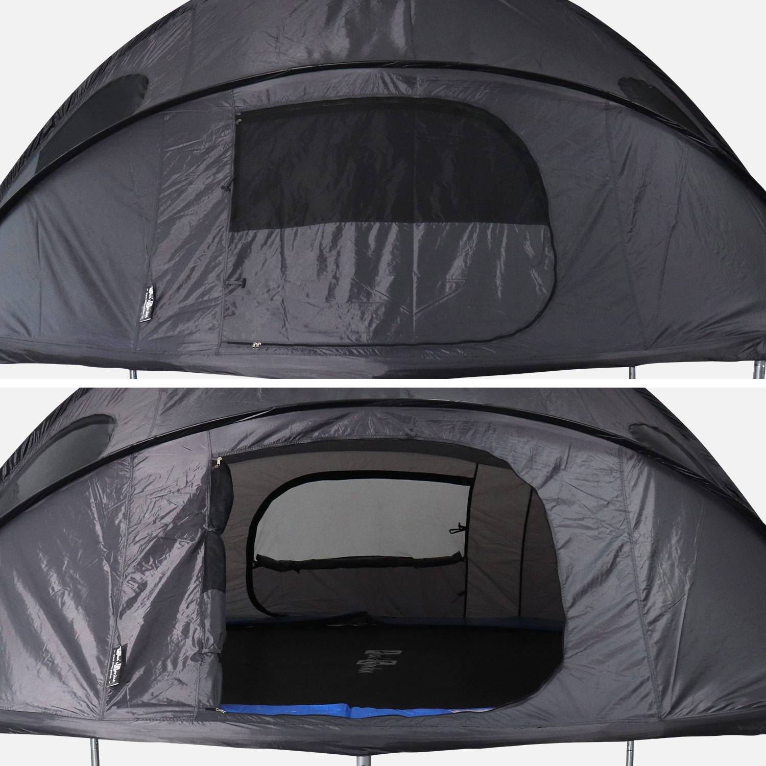 Tente de camping pour trampoline Ø370cm (filet intérieur et extérieur) polyester, traité anti UV, 2 portes, 4  fenêtres & sac de transport Photo3