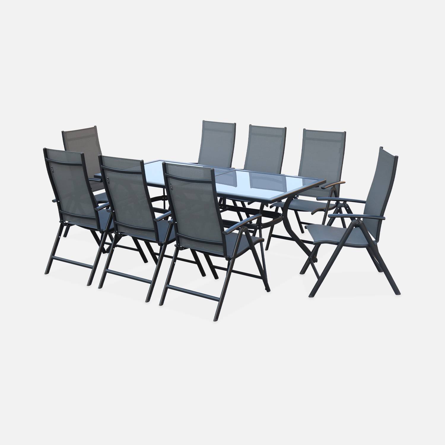Salon de jardin en aluminium et textilène - Naevia - Gris, Anthracite - 8 places - 1 grande table rectangulaire, 8 fauteuils pliables Photo2