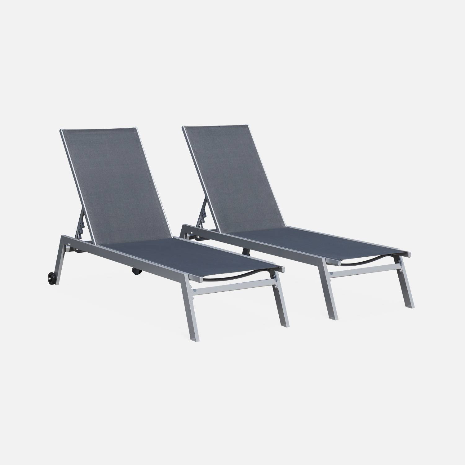 Set mit 2 ELSA Sonnenliegen aus grauem Aluminium und dunkelgrauem Textilene, Liegestühle mit mehreren Positionen und Rädern Photo2