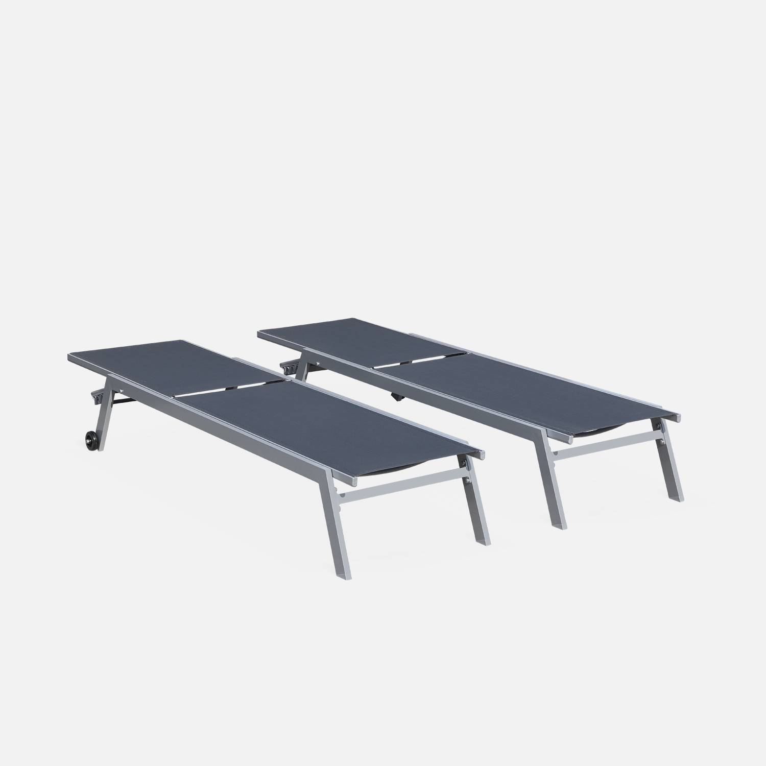 Set mit 2 ELSA Sonnenliegen aus grauem Aluminium und dunkelgrauem Textilene, Liegestühle mit mehreren Positionen und Rädern Photo3