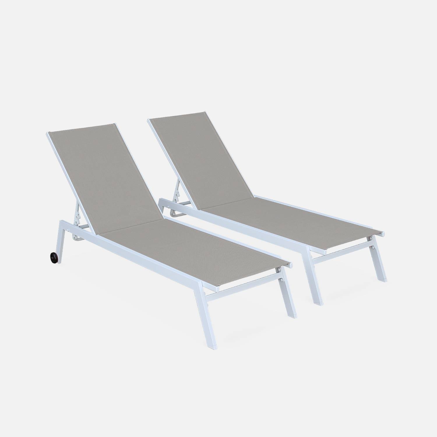 Set mit 2 ELSA Sonnenliegen aus weißem Aluminium und taupefarbenem Textilene, Liegestühle mit mehreren Positionen und Rädern Photo2