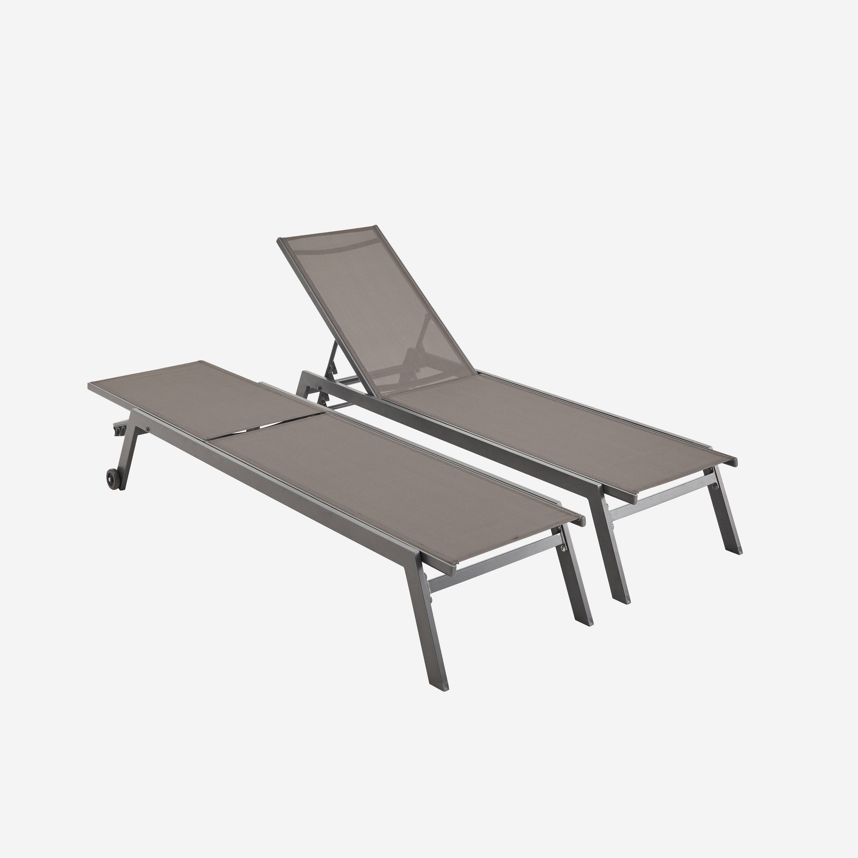 Set mit 2 ELSA Sonnenliegen aus grauem Aluminium und dunkelgrauem Textilene, Liegestühle mit mehreren Positionen und Rädern Photo2
