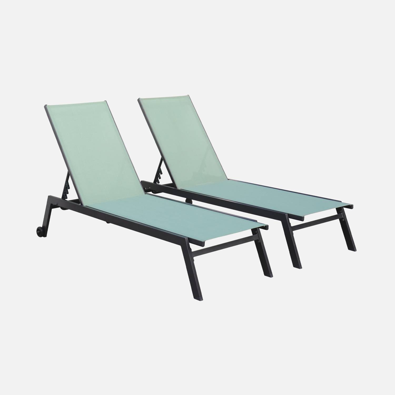 Set mit 2 ELSA Sonnenliegen aus anthrazitfarbenem Aluminium und Textilene in graugrün, Liegestühle mit mehreren Positionen und Rädern Photo2