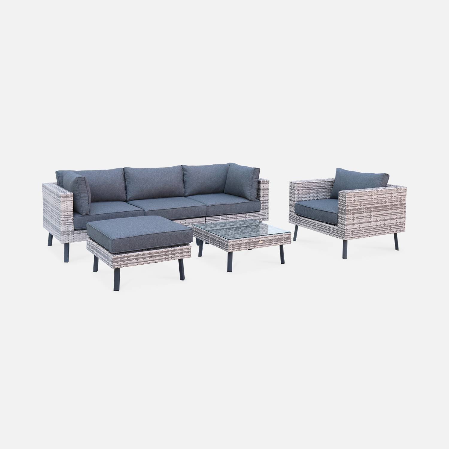 Conjunto de muebles de jardín de 5 plazas en resina tejida plana - Alba - tonos de gris y cojines gris oscuro Photo2
