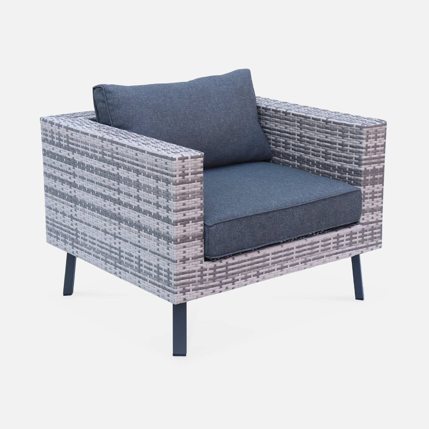 Loungeset 5 zitplaatsen in plat wicker, gemixt grijs wicker en donkergrijze kussens Photo3