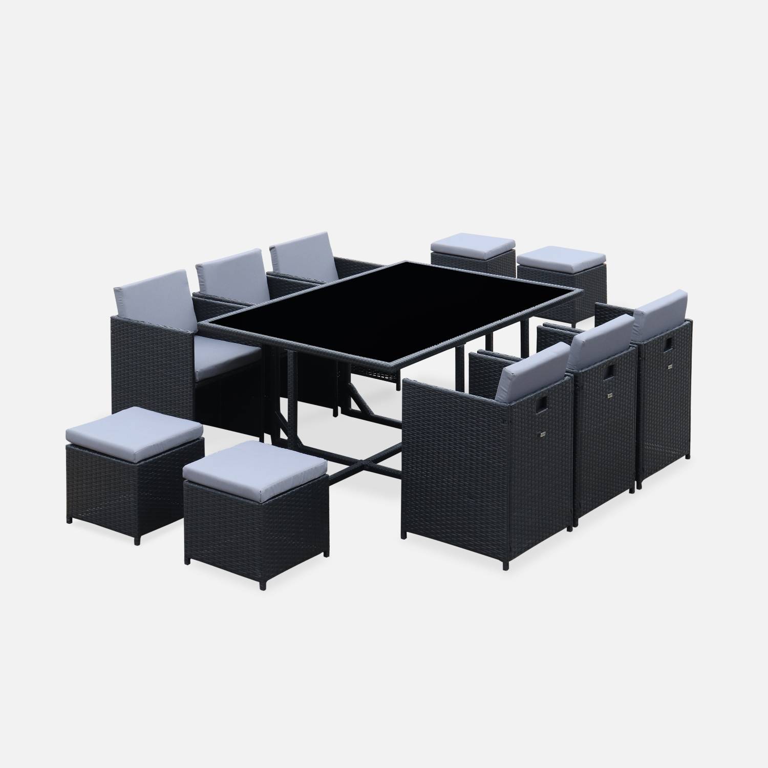 Conjunto de muebles de jardín 6-10 plazas - Fregadero - Color negro, cojines grises, mesa incorporada. Photo2