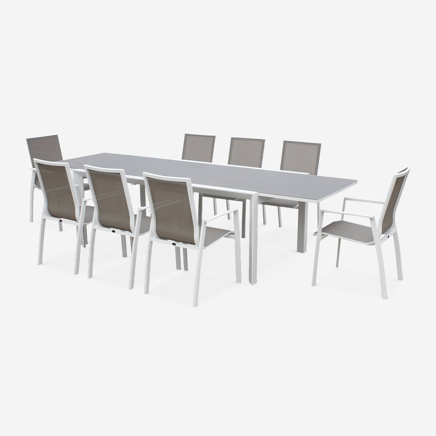 Conjunto de jardín con mesa extensible - Mesa de aluminio de 200/300 cm con tapa de cristal esmerilado, extensión y 8 sillas textileno Photo2