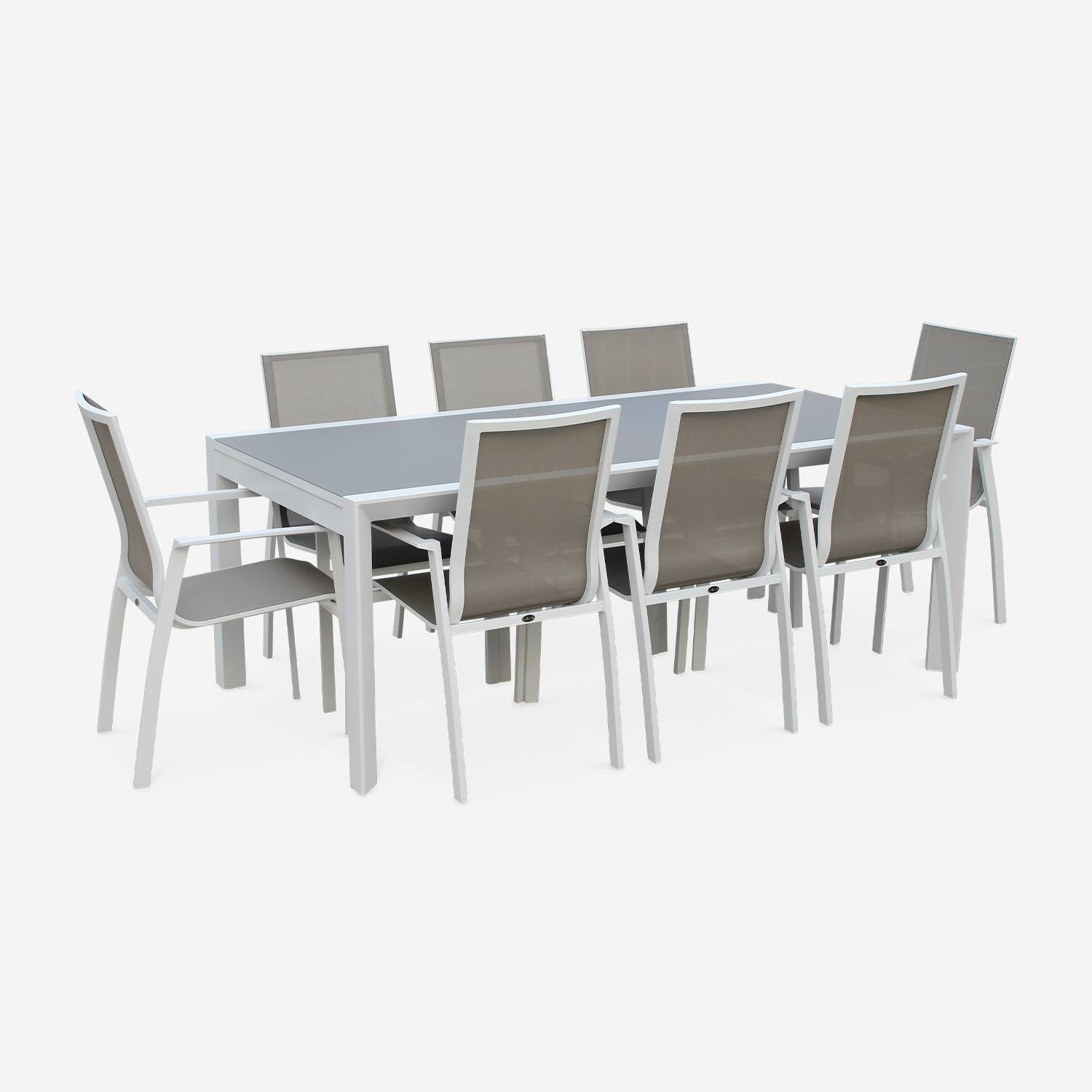 Salon de jardin table extensible - Washington Taupe - Table en aluminium 200/300cm, plateau en verre dépoli, rallonge et 8 fauteuils en textilène Photo3
