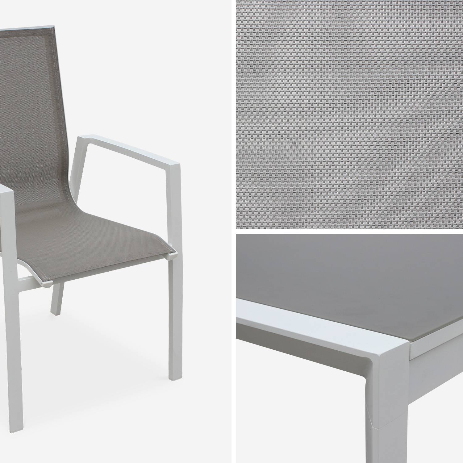 Ensemble Washington, 1 table extensible et 8 fauteuils en aluminium et textilène Photo6