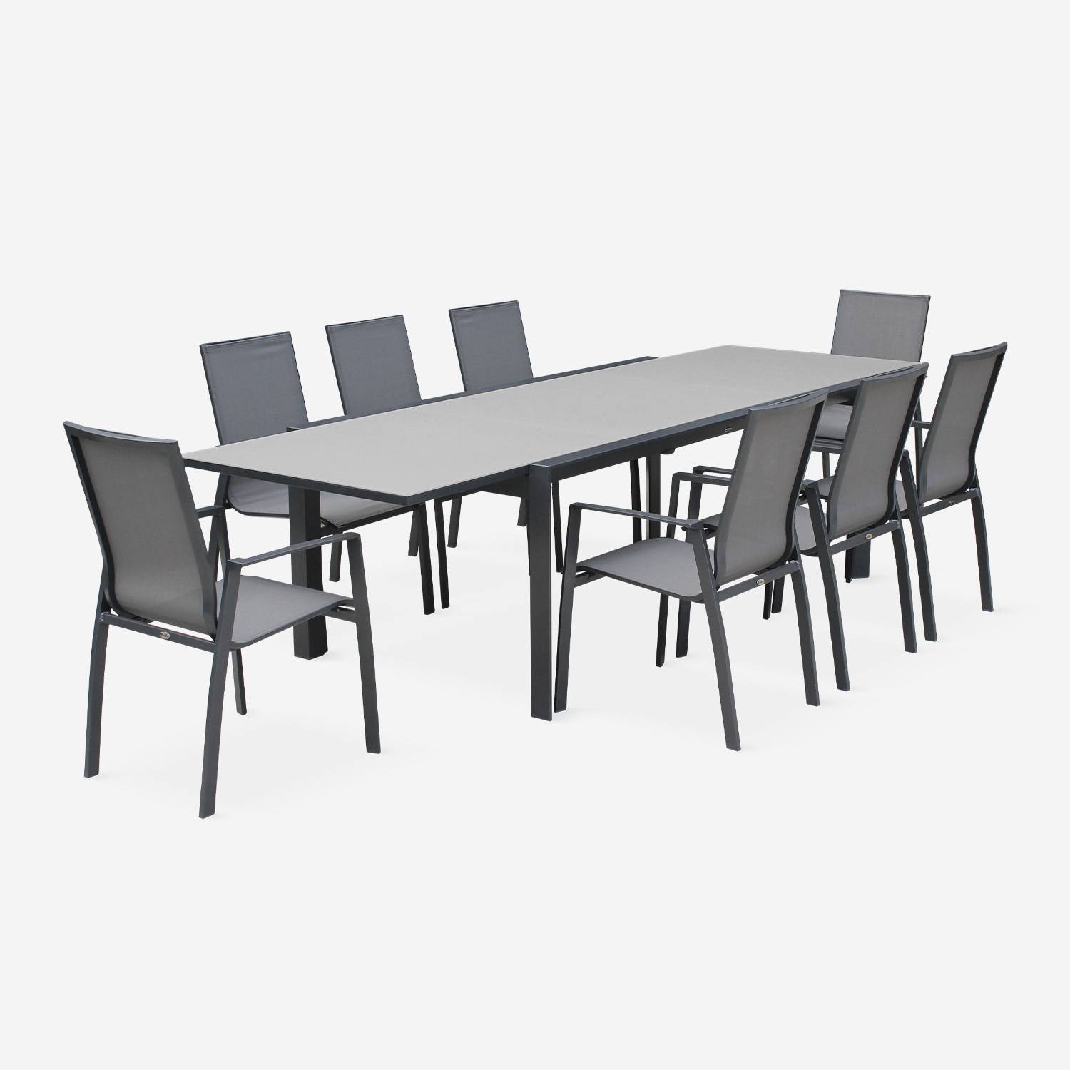 Washington set, 1 tafel met een verlengstuk,  8 fauteuils uit aluminium en textileen Photo2