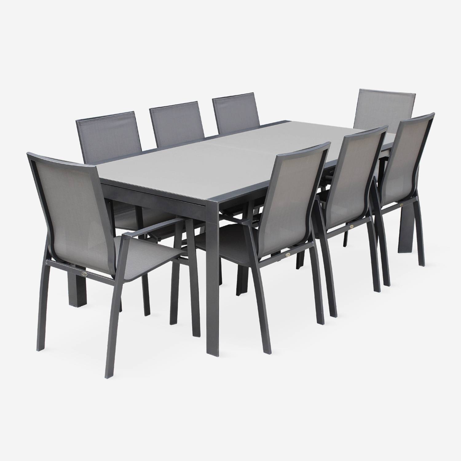 Conjunto de jardín con mesa extensible - Mesa de aluminio de 200/300 cm con tapa de cristal esmerilado, extensión y 8 sillas textileno Photo3