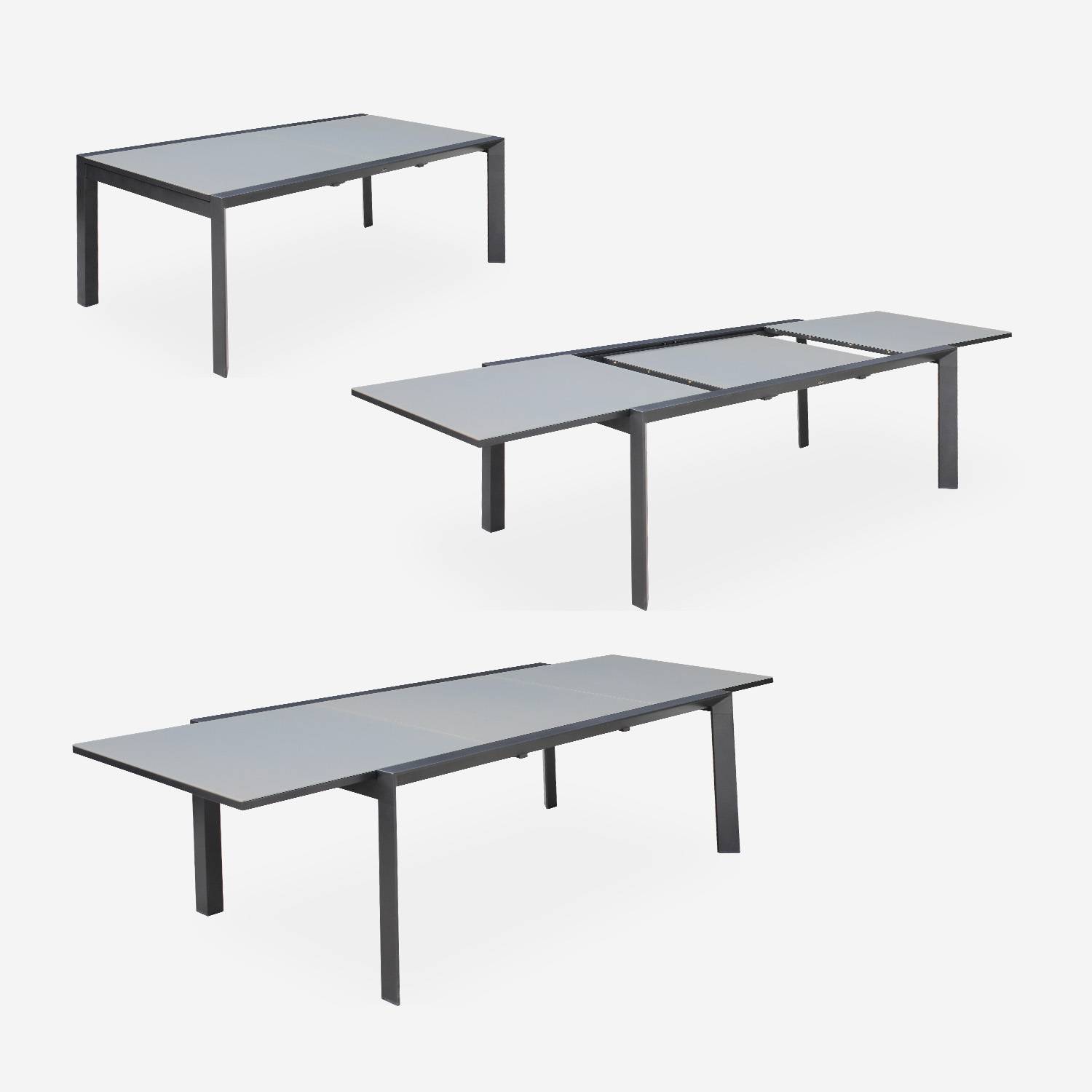 Salon de jardin table extensible - Washington Gris foncé - Table en aluminium 200/300cm, plateau en verre dépoli, rallonge et 8 fauteuils en textilène Photo4