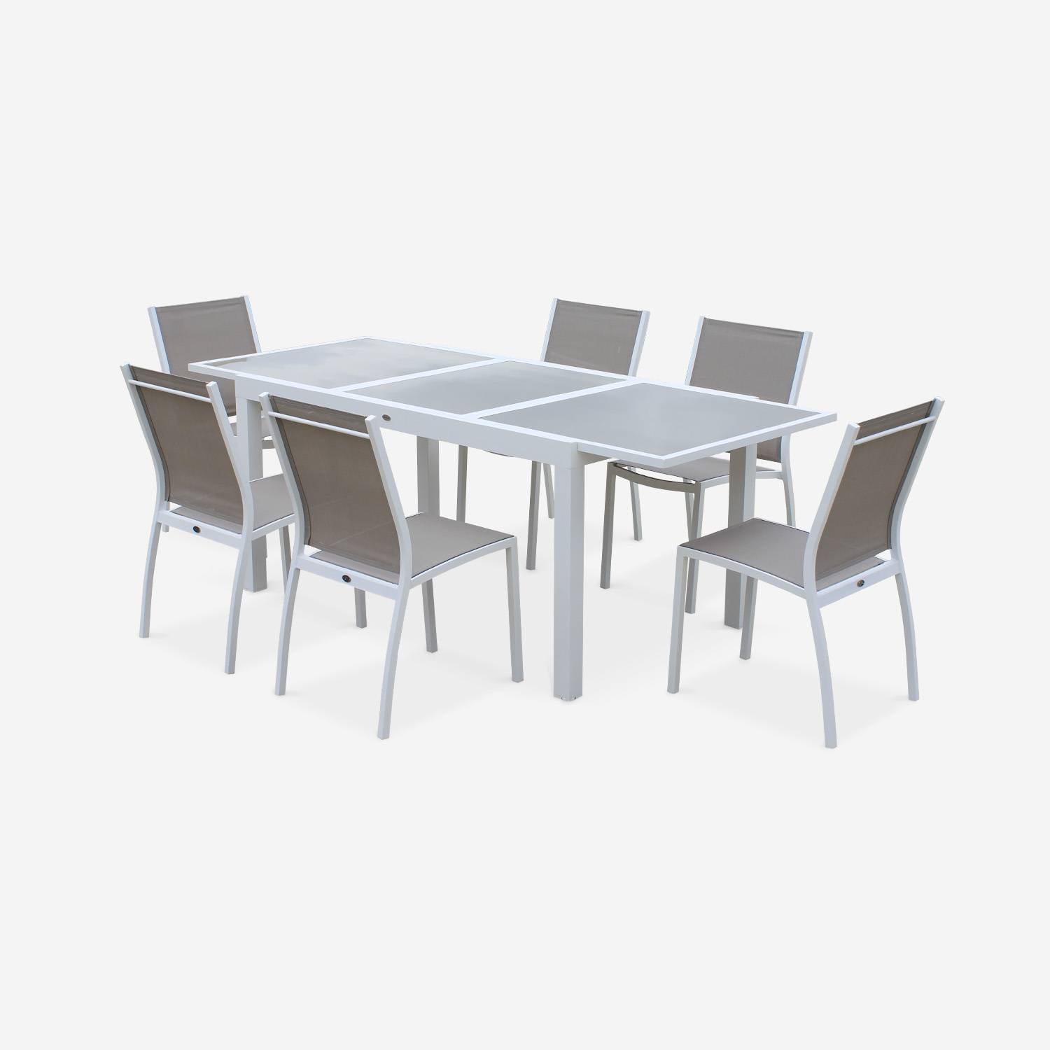 Tavolo da giardino allungabile - modello: Orlando, colore: Talpa - Tavolo in alluminio, dimensioni: 150/210cm, ripiano in vetro, prolunga e 6 sedie in textilene Photo2