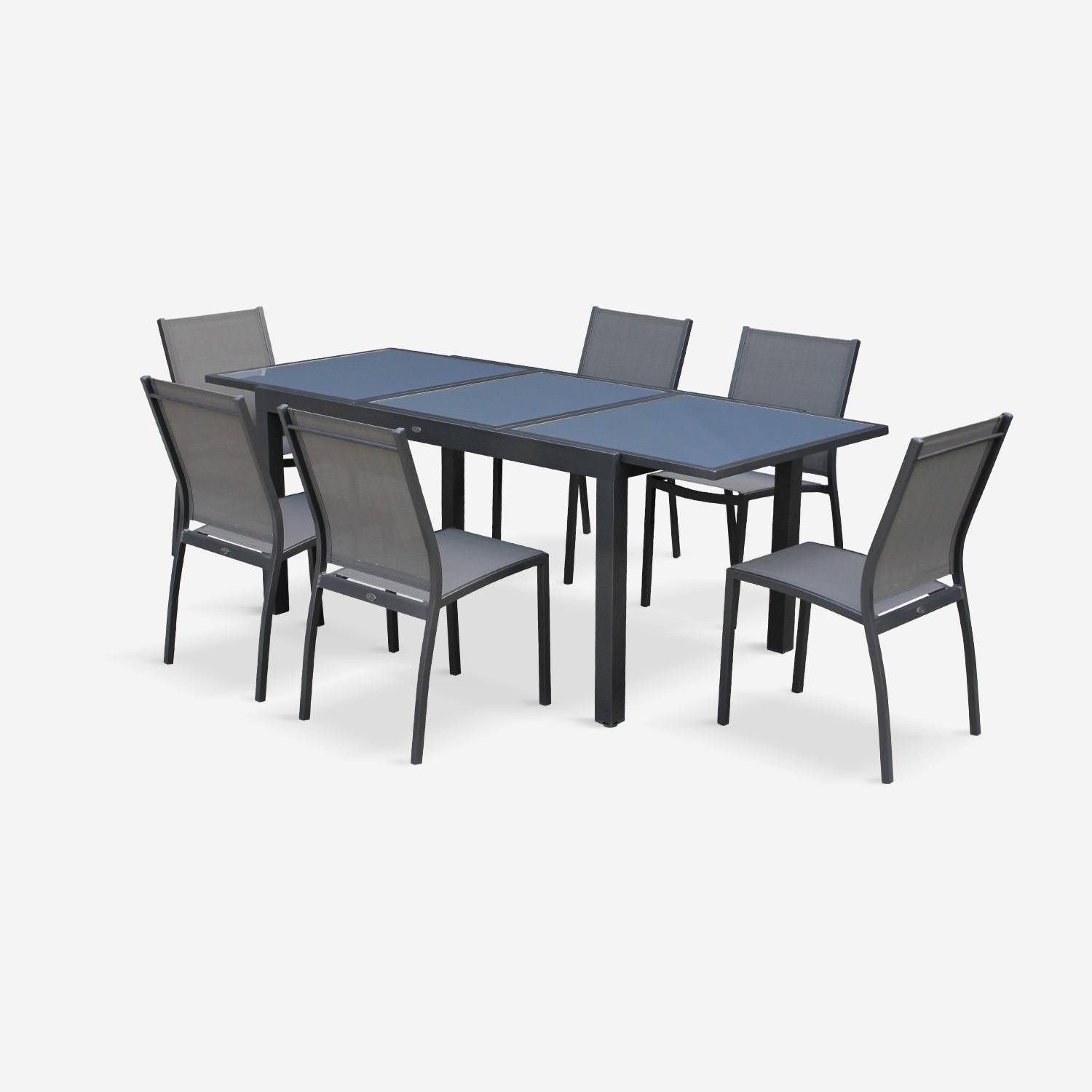 Tavolo da giardino allungabile - modello: Orlando, colore: Grigio scuro - Tavolo in alluminio, dimensioni: 150/210cm, ripiano in vetro, prolunga e 6 sedie in textilene Photo2