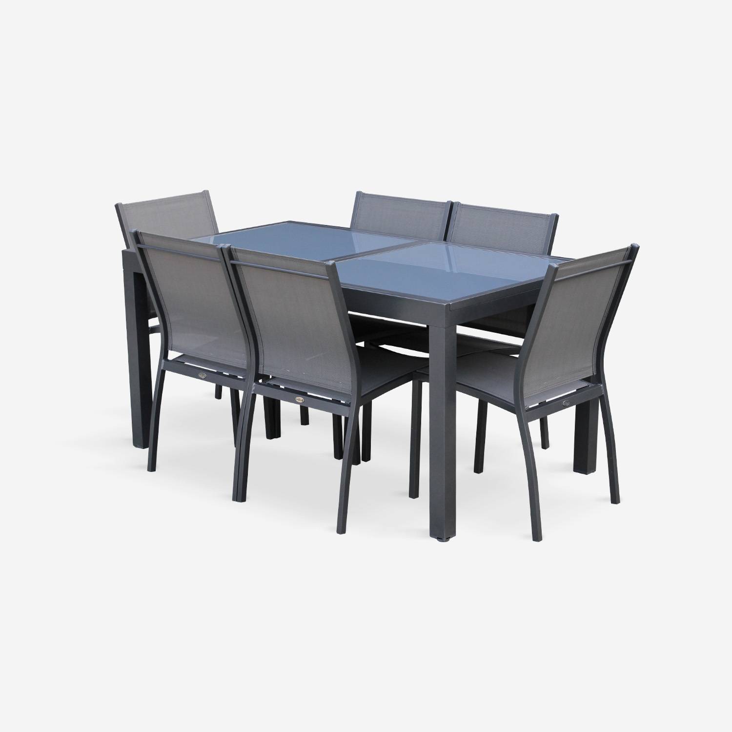 Tavolo da giardino allungabile - modello: Orlando, colore: Grigio scuro - Tavolo in alluminio, dimensioni: 150/210cm, ripiano in vetro, prolunga e 6 sedie in textilene Photo3