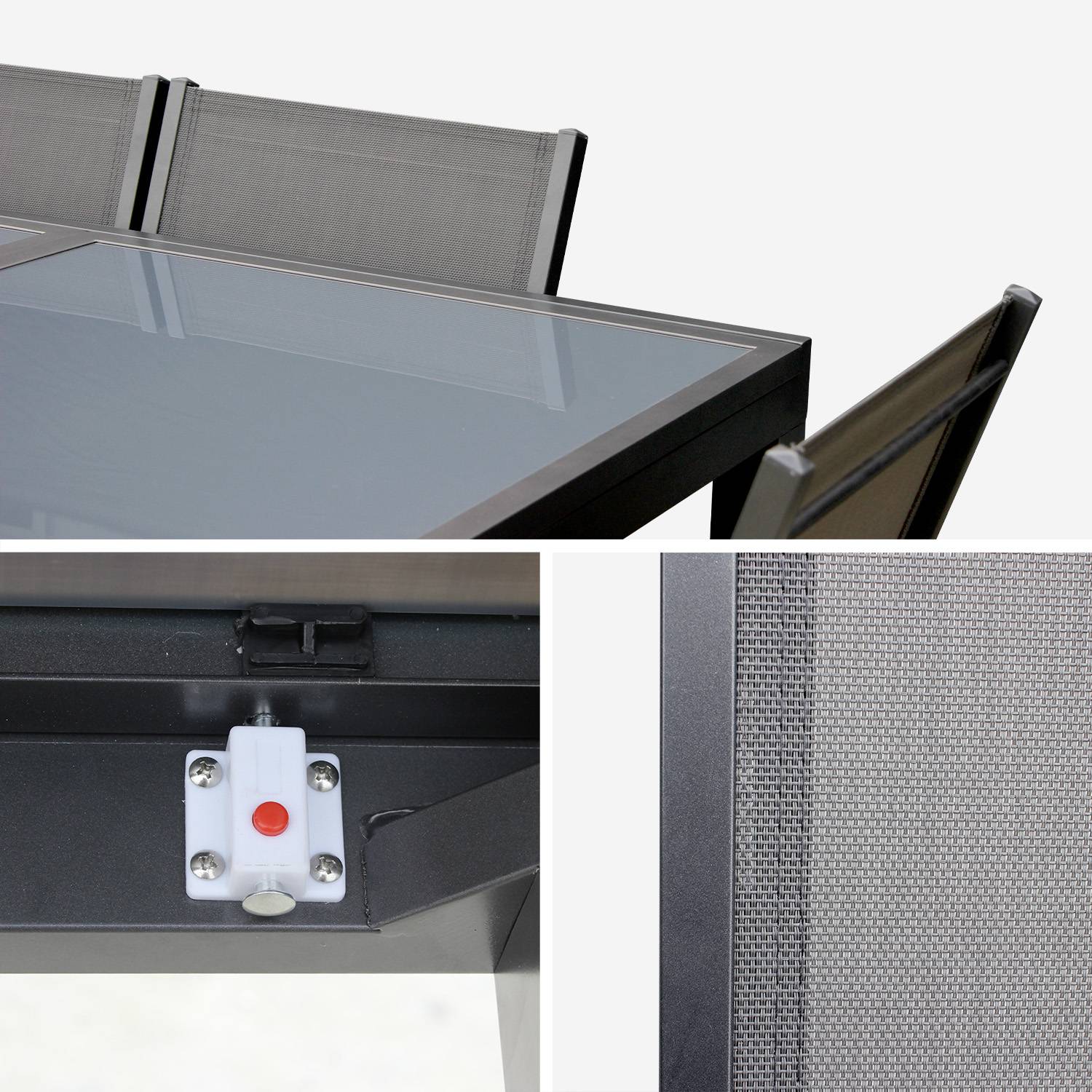 Ausziehbarer Tisch Gartengarnitur - Orlando Dunkelgrau - Aluminiumtisch 150/210 cm, Glasplatte, mit Verlängerung und 6 Sitzen aus Textilene Photo6