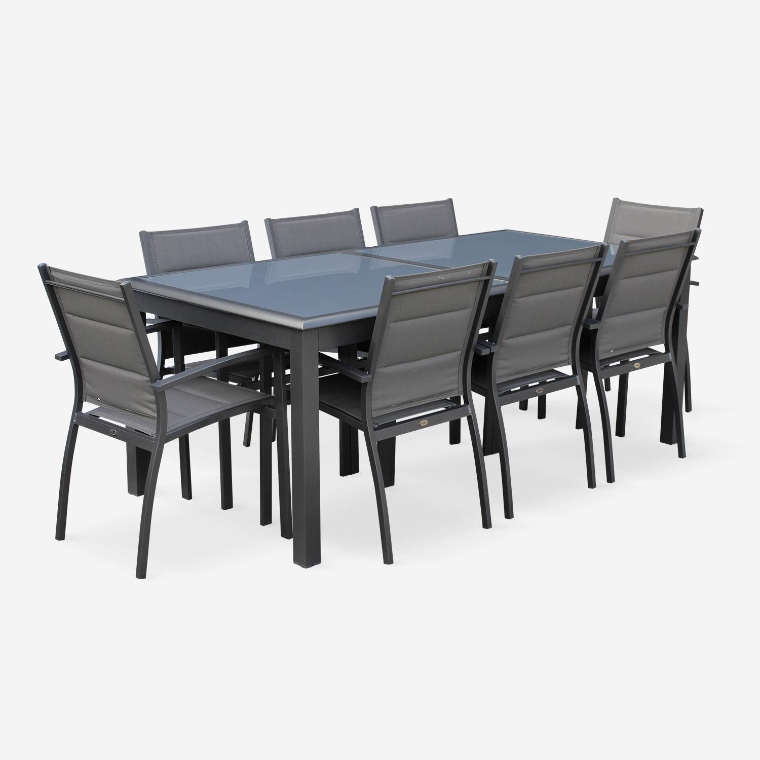 Ausziehbarer Tisch Gartengarnitur - Philadelphie Anthrazit - Aluminiumtisch 200/300 cm, Glasplatte, Verlängerung, 8 Sitze aus Textilene Photo3