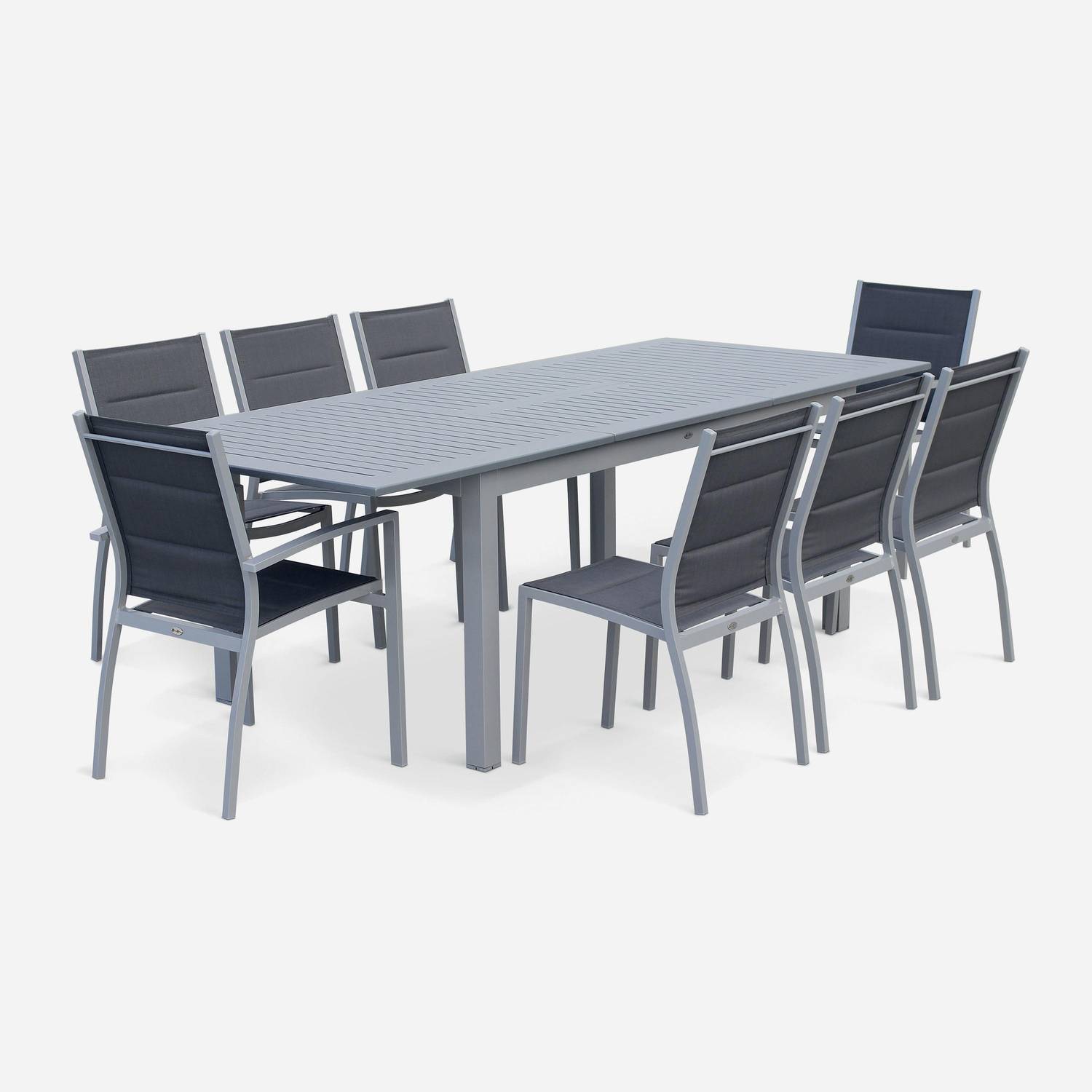 Ensemble Chicago, 1 table extensible, 2 fauteuils, 6 chaises en aluminium et textilène Photo2