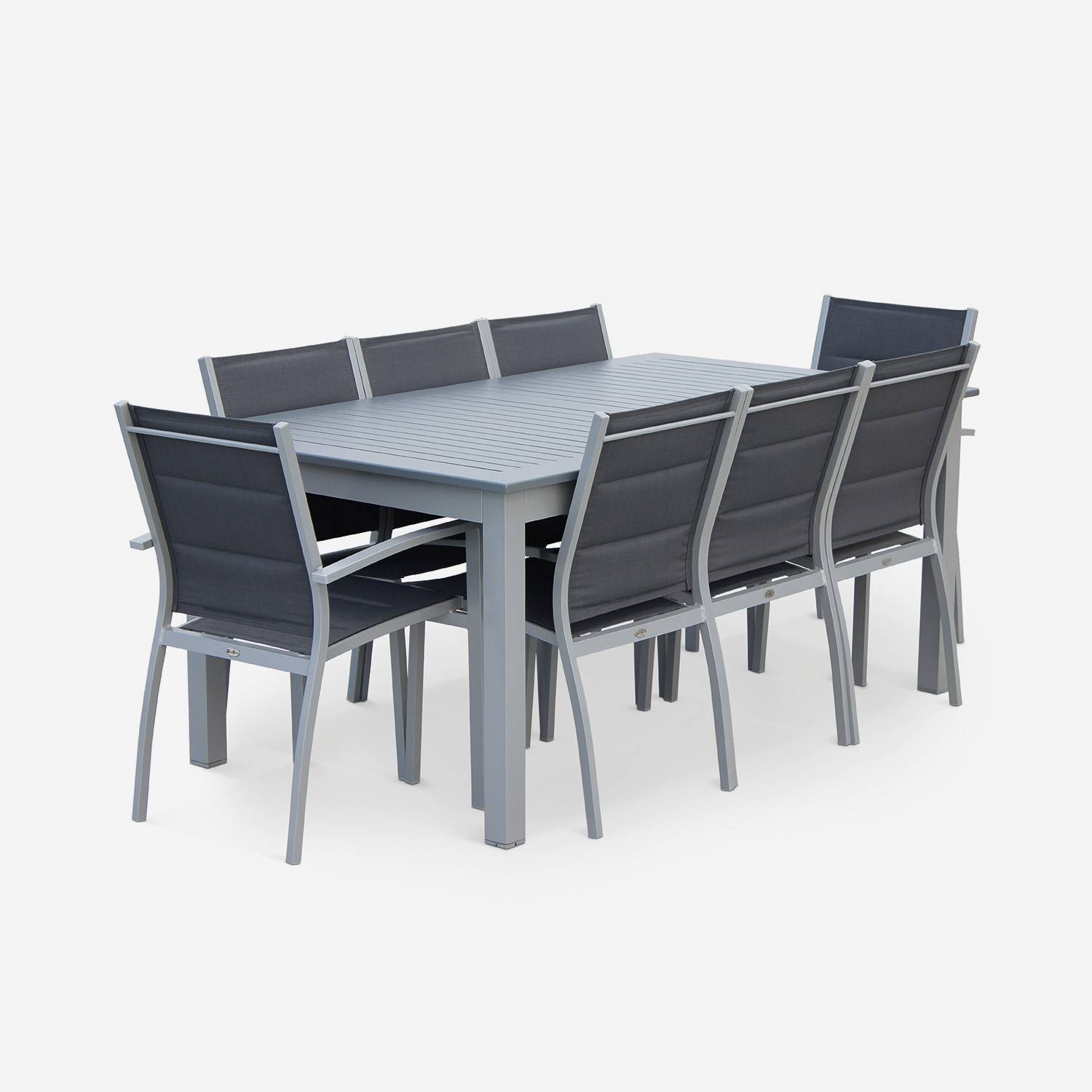 Ensemble Chicago, 1 table extensible, 2 fauteuils, 6 chaises en aluminium et textilène Photo3