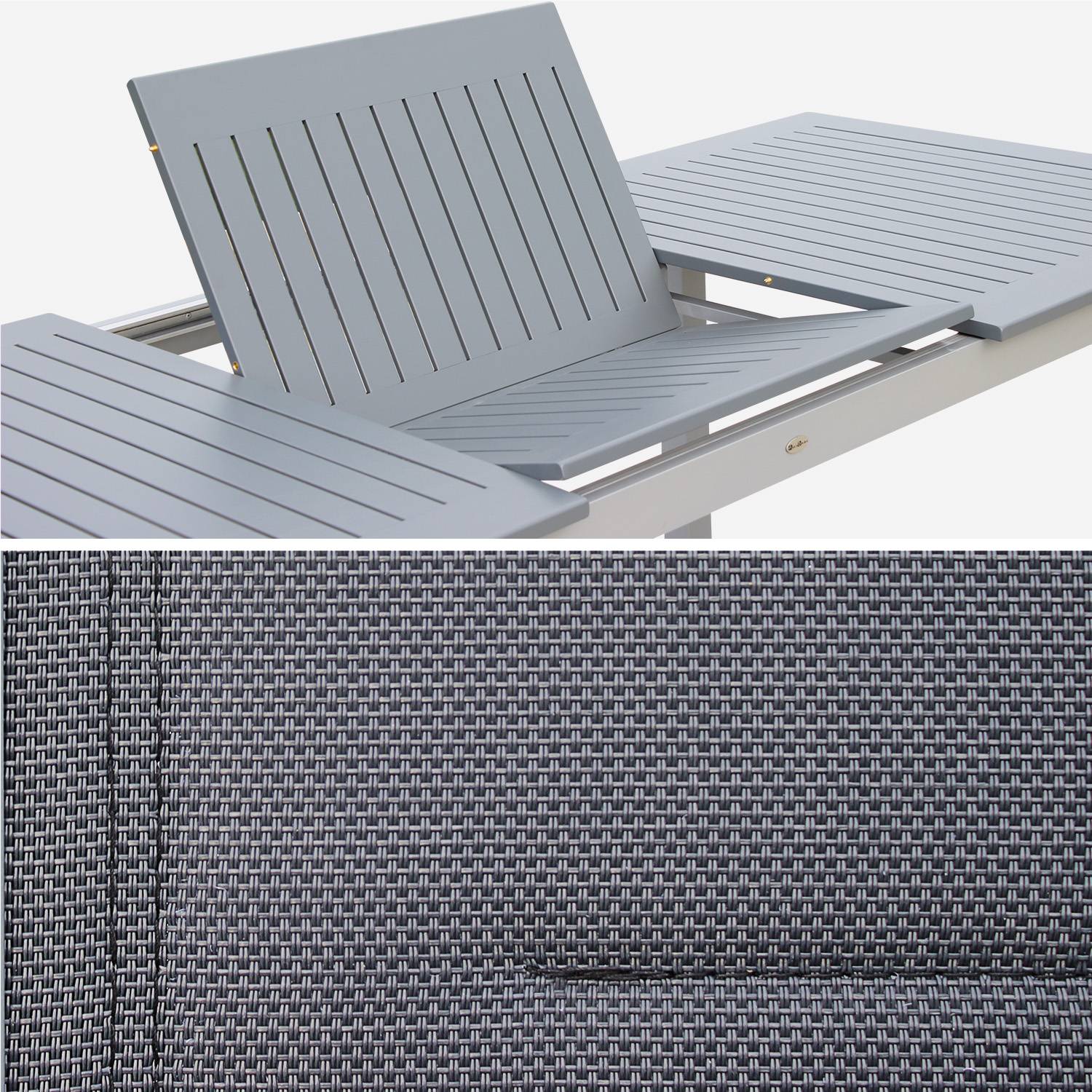 Ausziehbarer Tisch Gartengarnitur - Chicago Grau - Aluminiumtisch 175/245 cm mit Verlängerung und 2 Sessel miy Armlehnen und 6 Stühle ohne Armlehnen aus Textilene Photo7