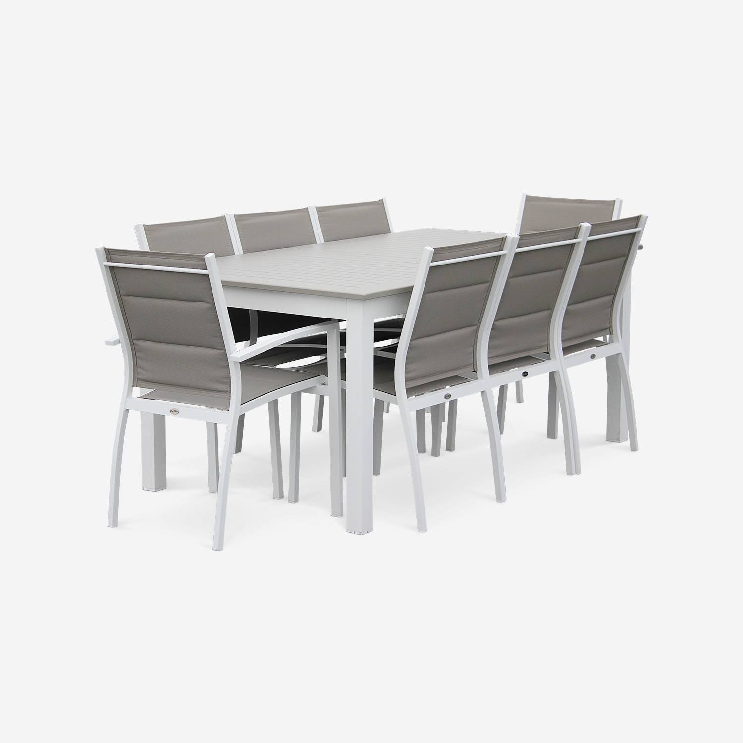 Salon de jardin - Chicago Blanc / Taupe - Table extensible 175/245cm avec rallonge et 8 assises en textilène Photo3