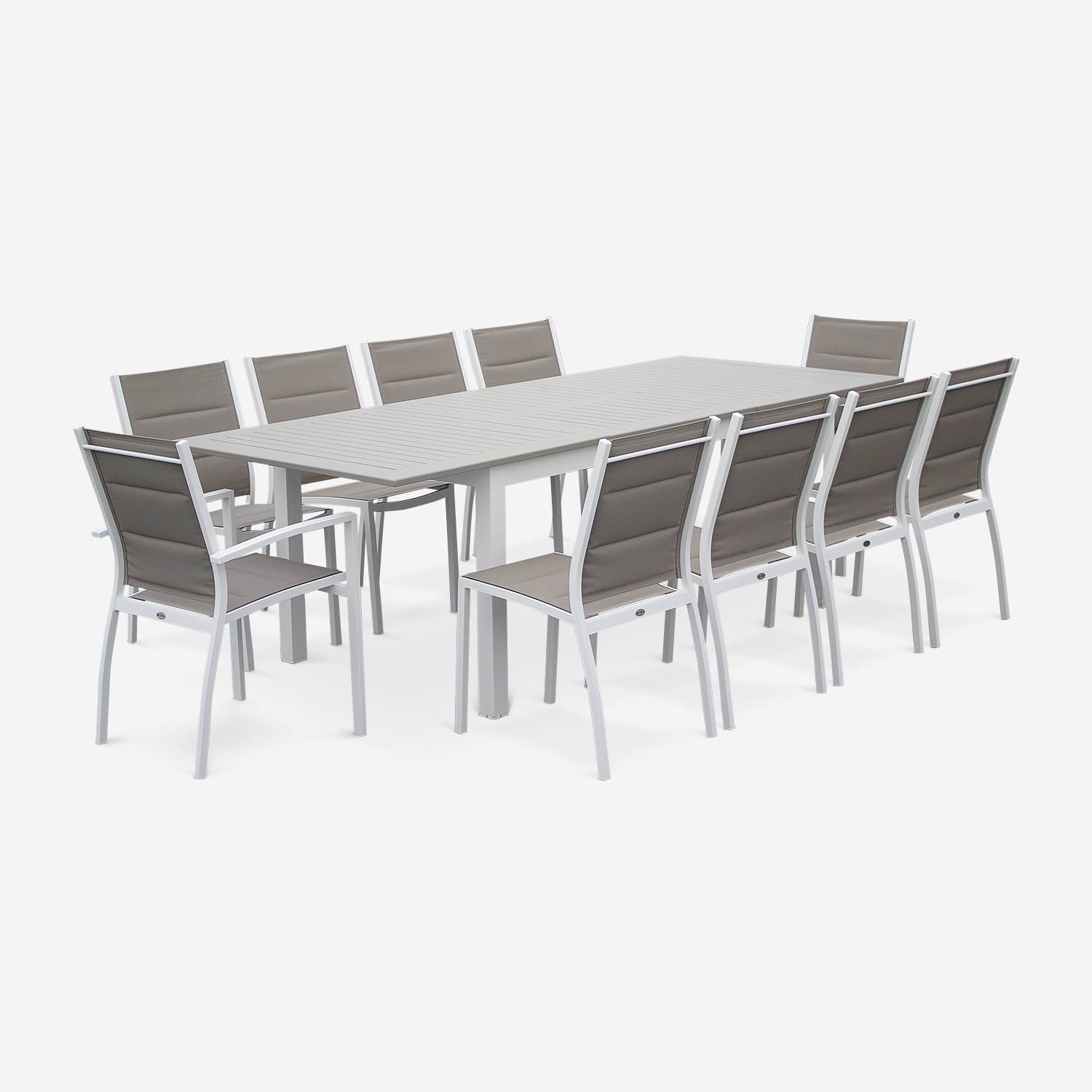 Set mit 2 Chicago-Sesseln - weißes Aluminium und taupefarbenes Textil, stapelbar Photo4