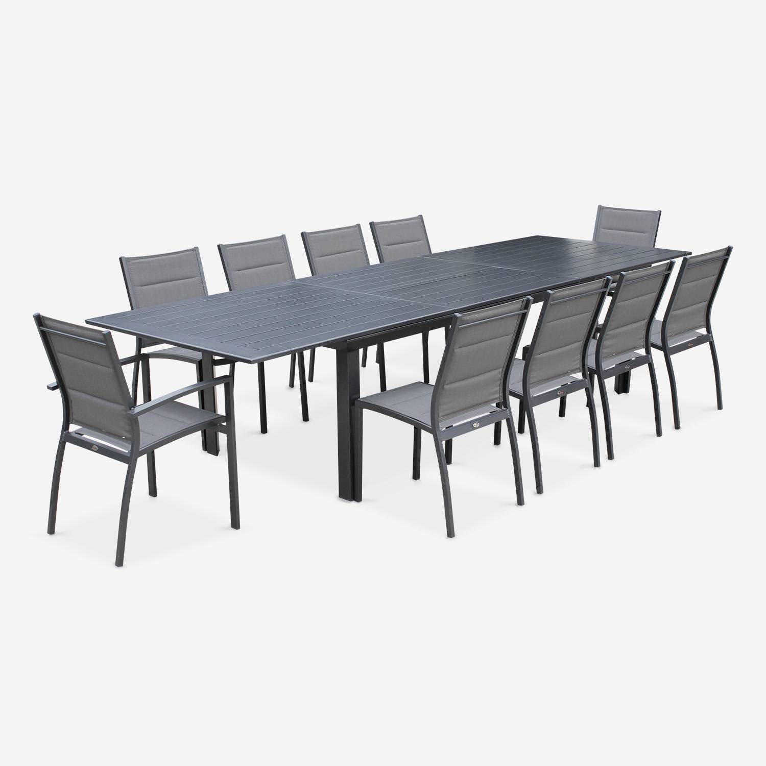 Tuinset Odenton, 1 uitschuifbare tafel, 2 fauteuils, 8 stoelen van aluminium en textileen Photo6