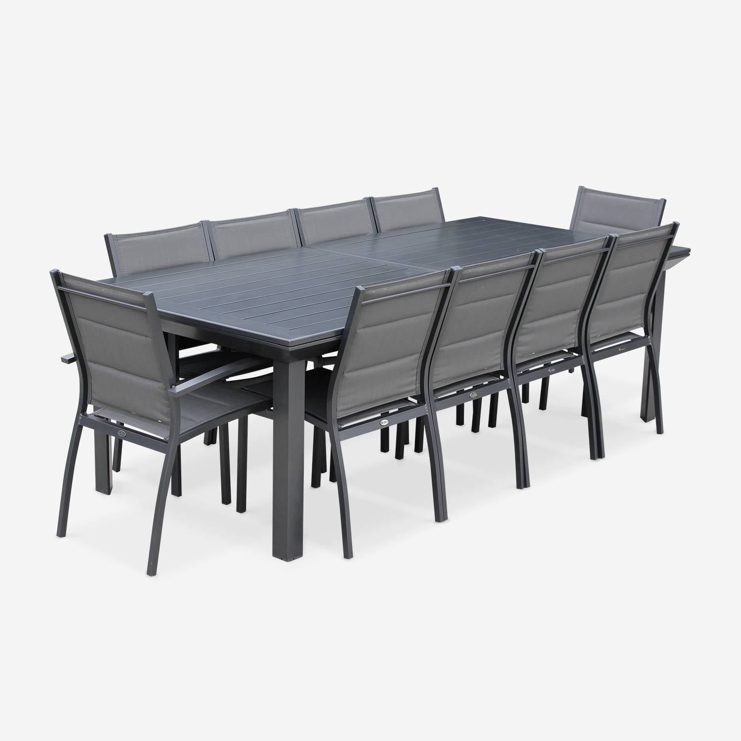 Tuinset Odenton, 1 uitschuifbare tafel, 2 fauteuils, 8 stoelen van aluminium en textileen Photo2