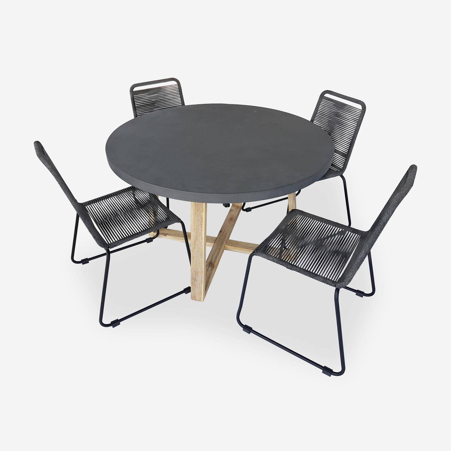 Table de jardin ronde en fibre de ciment, effet béton, Ø120cm Borneo et chaises de jardin Brasilia en corde gris chiné empilables Photo1