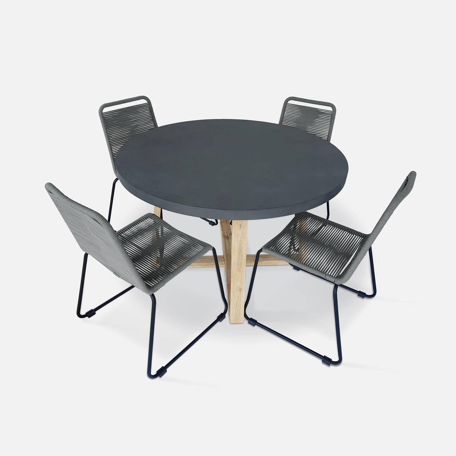 Table de jardin ronde en fibre de ciment, effet béton,  Ø120cm Borneo et chaises de jardin Brasilia en corde gris clair empilables Photo1