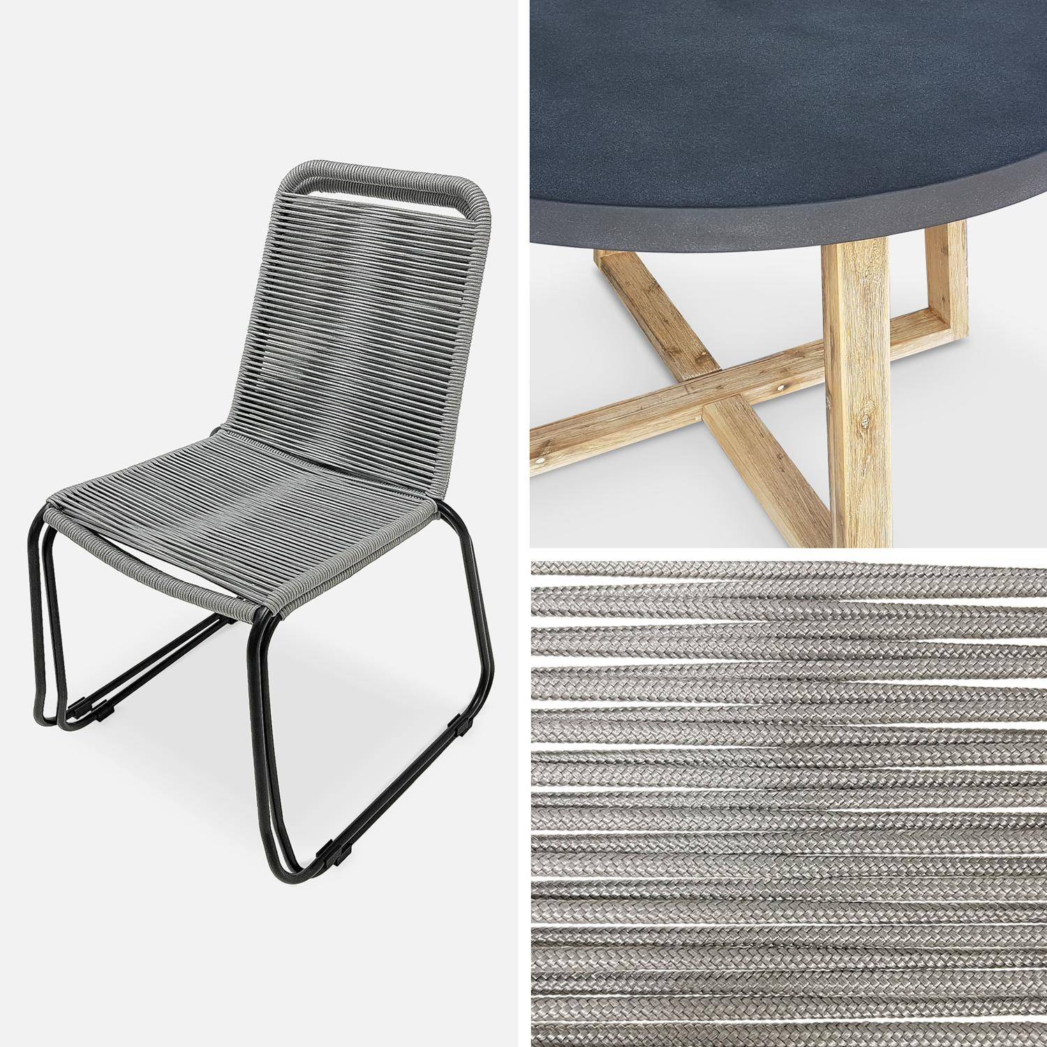 Table de jardin ronde en fibre de ciment, effet béton,  Ø120cm Borneo et chaises de jardin Brasilia en corde gris clair empilables Photo4