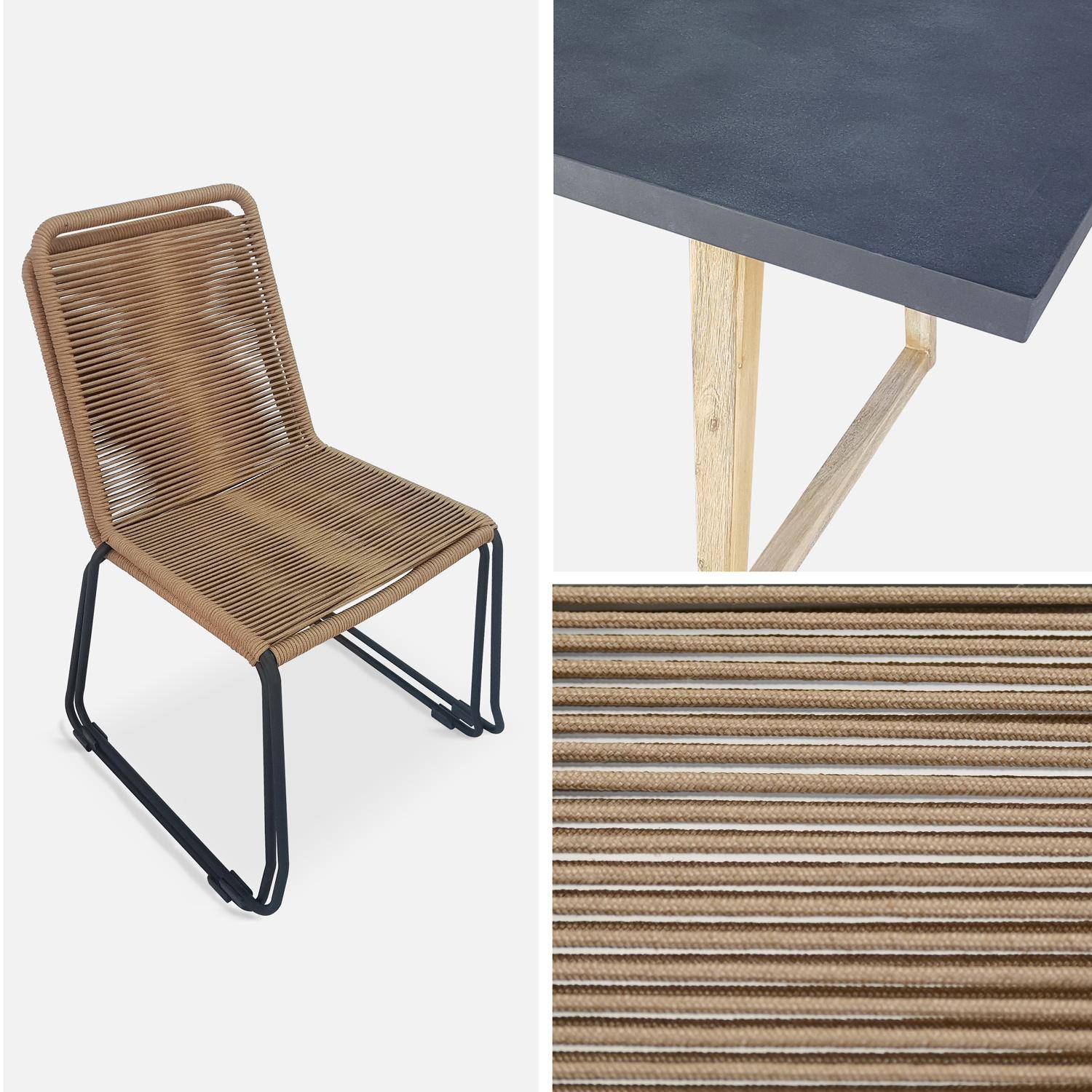 Table de jardin rectangle en fibre de ciment, effet béton, 160cm Borneo et chaises de jardin Brasilia en corde beige empilables Photo4