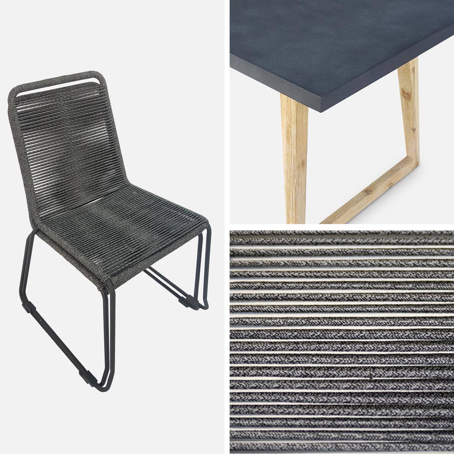 Table de jardin rectangle en fibre de ciment, effet béton, 160cm Borneo et chaises de jardin Brasilia en corde gris chiné empilables Photo4