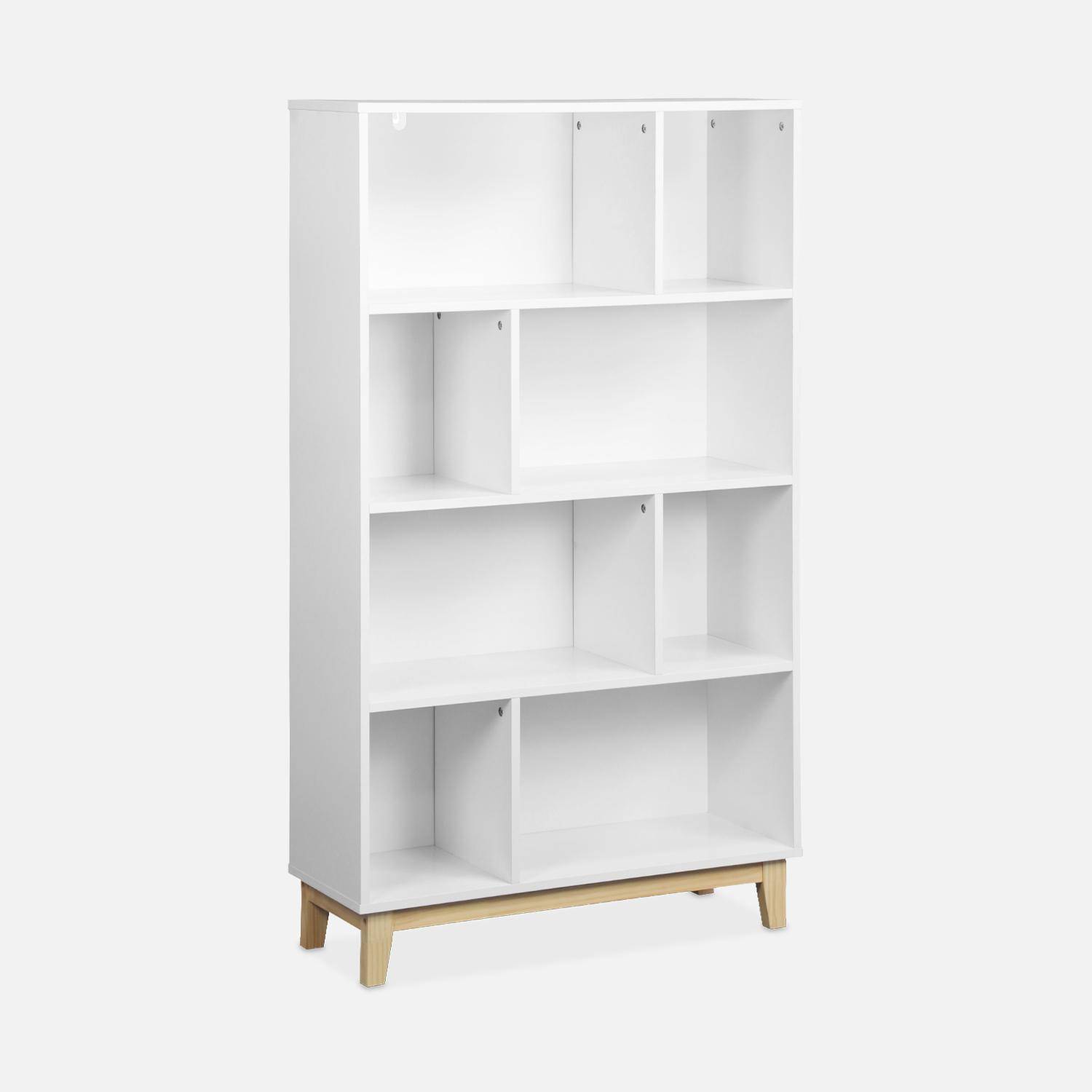 Librería blanca escandinava, estantería asimétrica - Floki - patas de madera de abeto, 4 estantes, 8 compartimentos, 80x30x138cm  Photo4