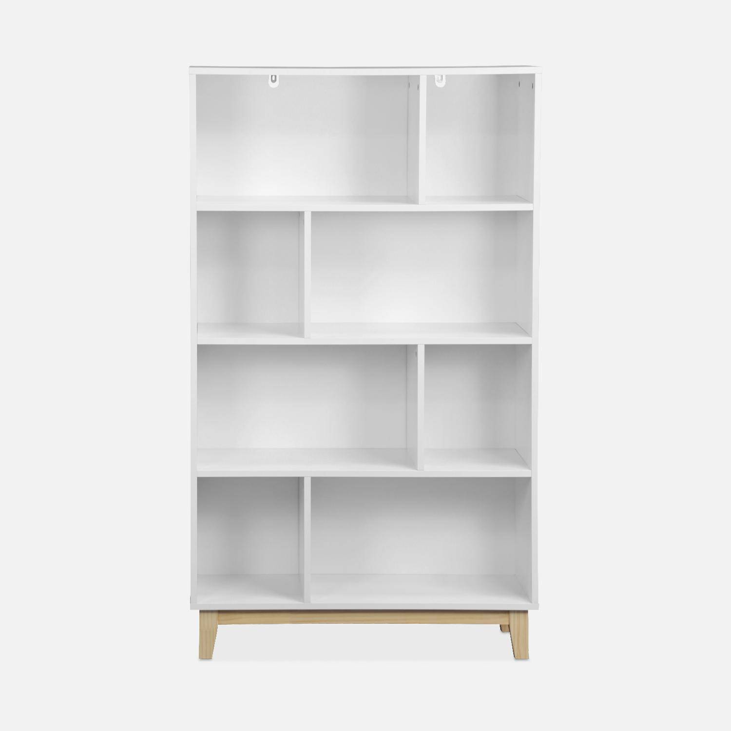 Librería blanca escandinava, estantería asimétrica - Floki - patas de madera de abeto, 4 estantes, 8 compartimentos, 80x30x138cm  Photo5