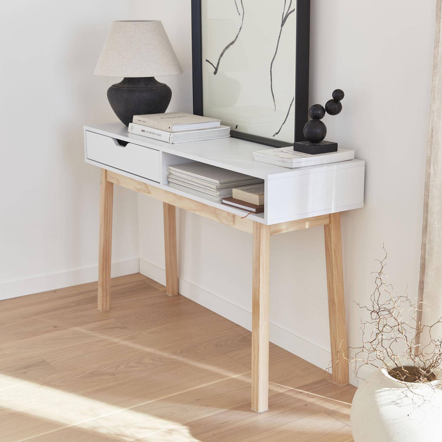 Konsole Weiß in skandinavischem Design - Floki - mit 1 Schublade und 1 Ablagefach, Möbelbein aus Tannenholz, 119x37x74,5 cm Photo2