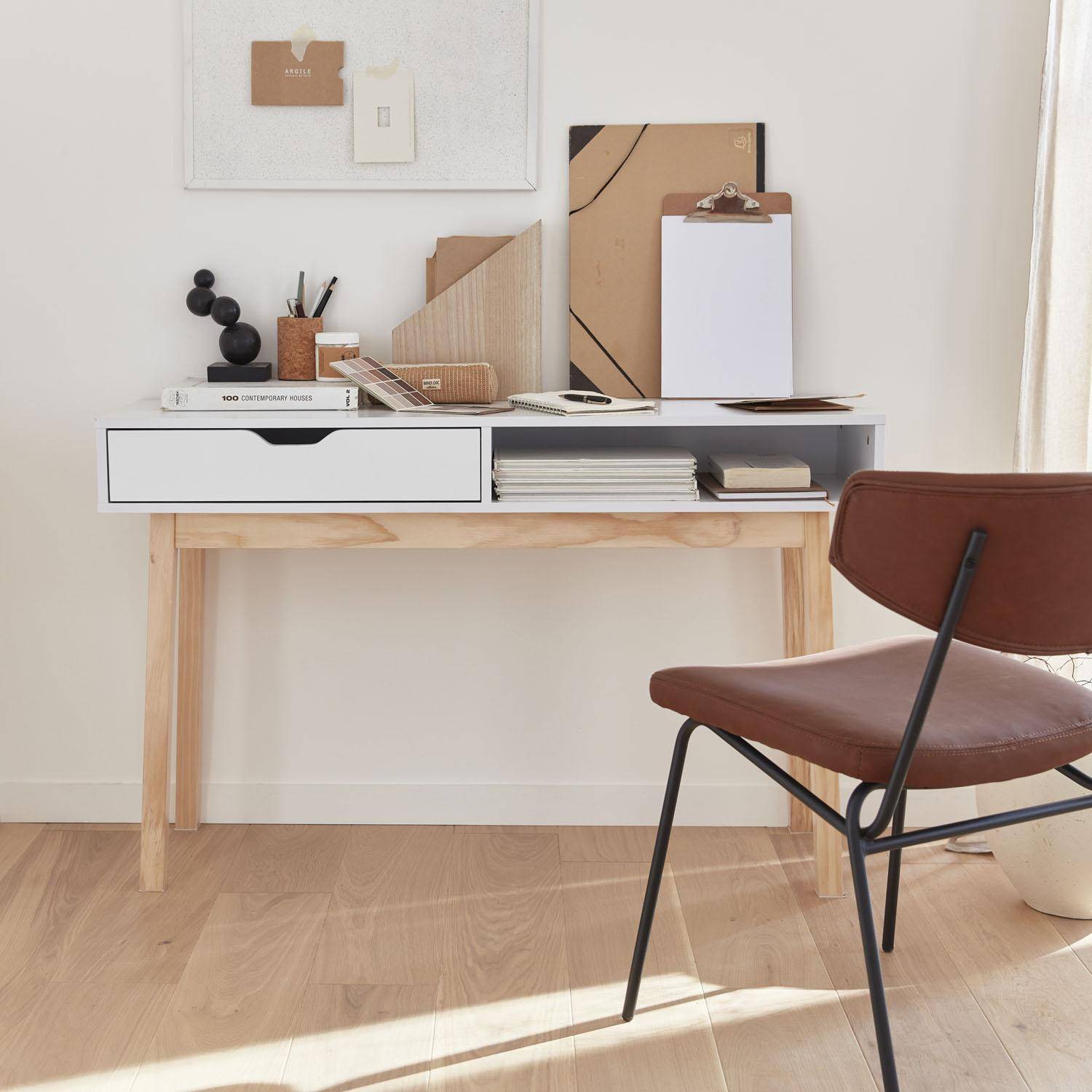 Konsole Weiß in skandinavischem Design - Floki - mit 1 Schublade und 1 Ablagefach, Möbelbein aus Tannenholz, 119x37x74,5 cm Photo1