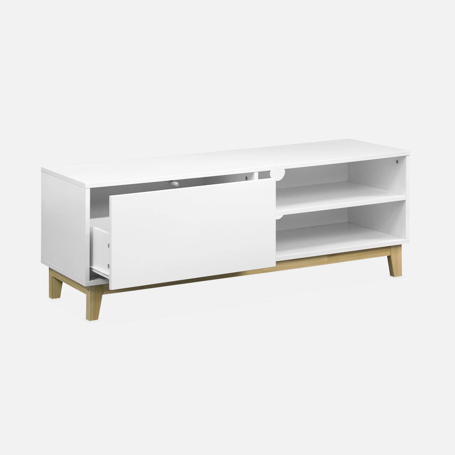 Meuble TV scandinave blanc - Floki - 1 tiroir, pieds en bois de sapin, 120x40x45cm Photo5